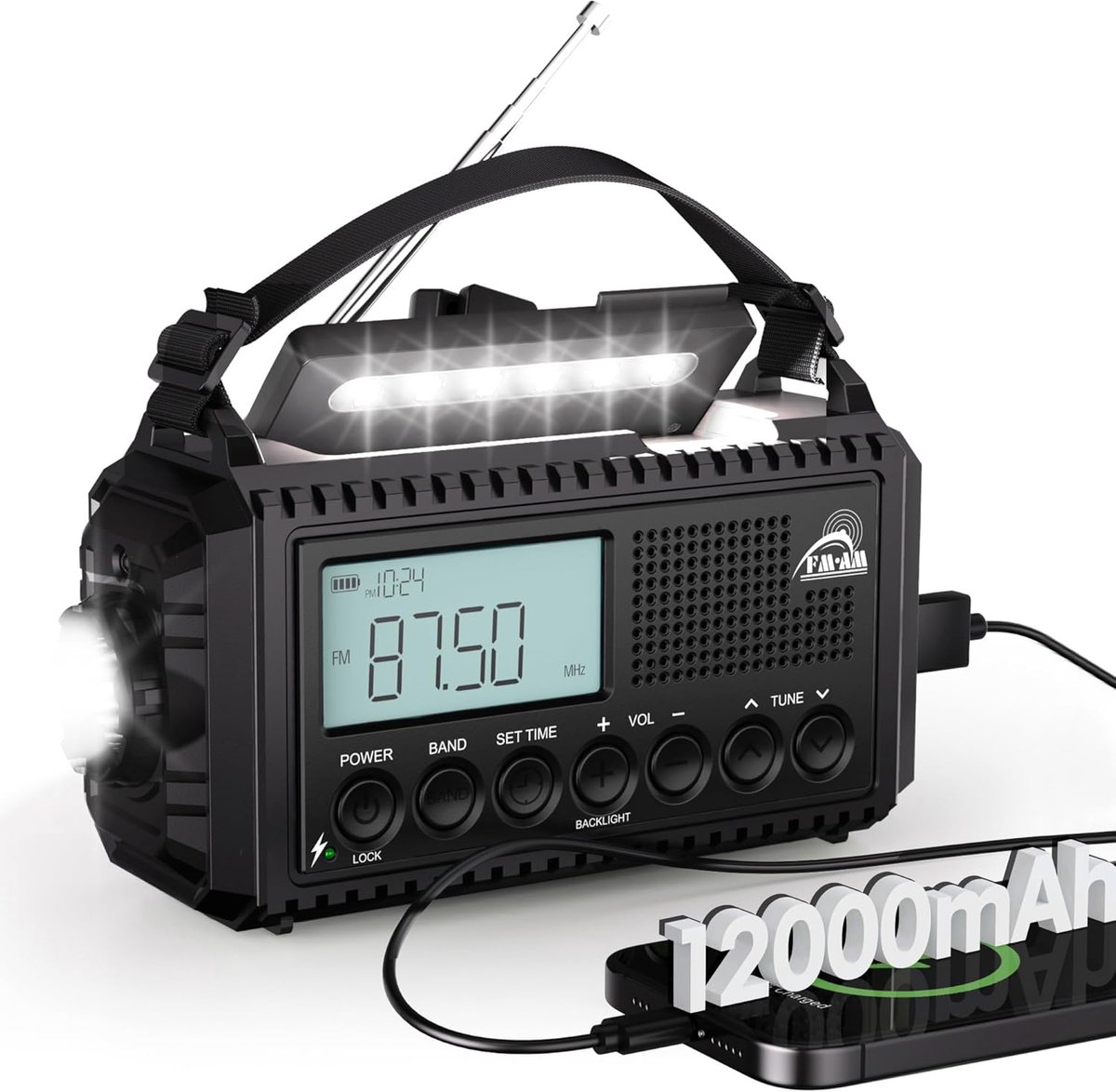 SnelShoppen - Draagbare Radio AM/FM/SW met Crank, Type C, Power Bank, SOS Alarm, Zaklamp, Leeslamp, IPX4 - Ideaal voor Camping, Outdoor en Noodsituati