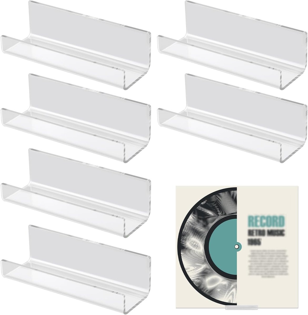 -Albumplaat muurbevestiging - Vinyl - Acryl - Geen boor - Plakband - Vinylplatendisplay - Houder - Albumhoezen - Standaardrekken - Geschikt voor 6 stuks - Duidelijk.
