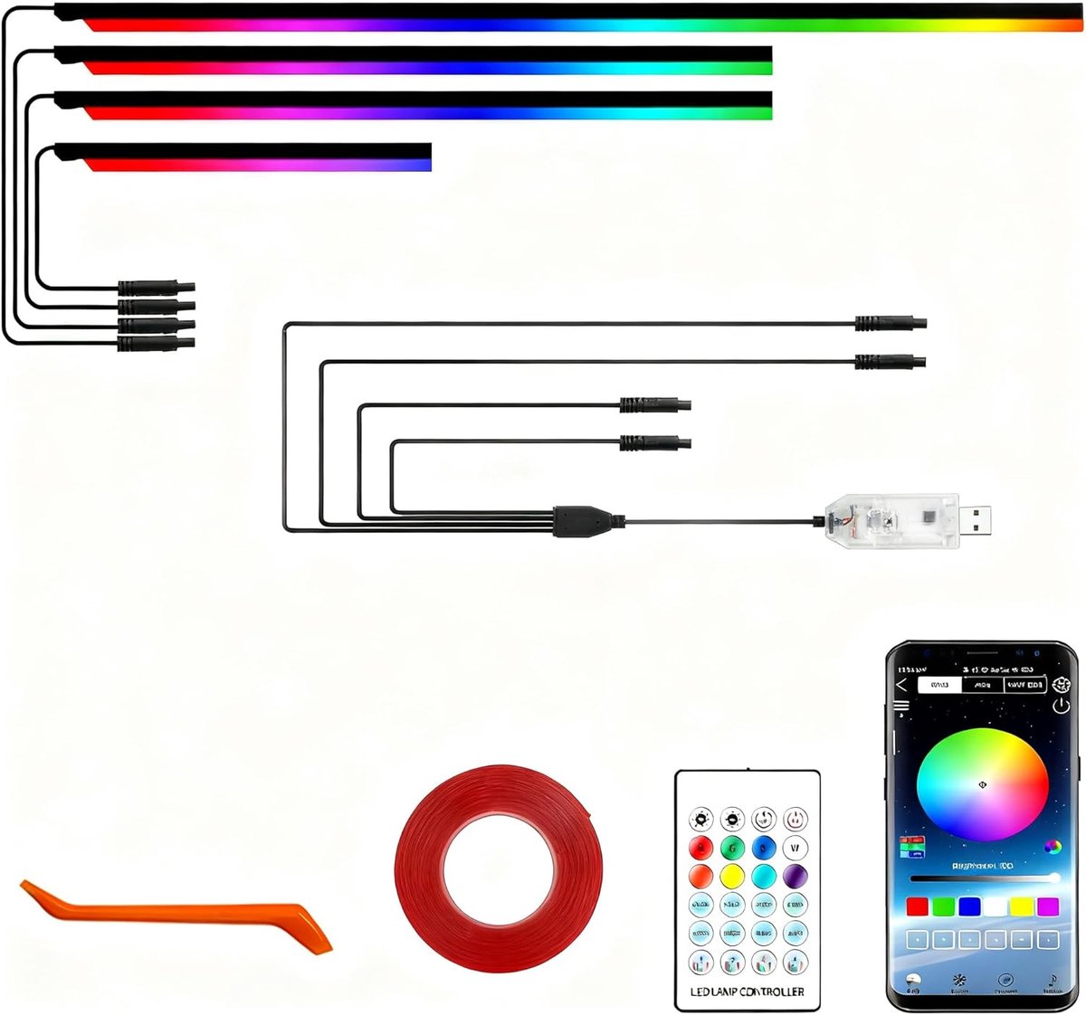 SnelShoppen - 4-in-1 Acryl LED Strip Set voor Auto - 16 Miljoen Kleuren, App Besturing, Sfeerverlichting met 210 Modi voor Dashboard en Interieur