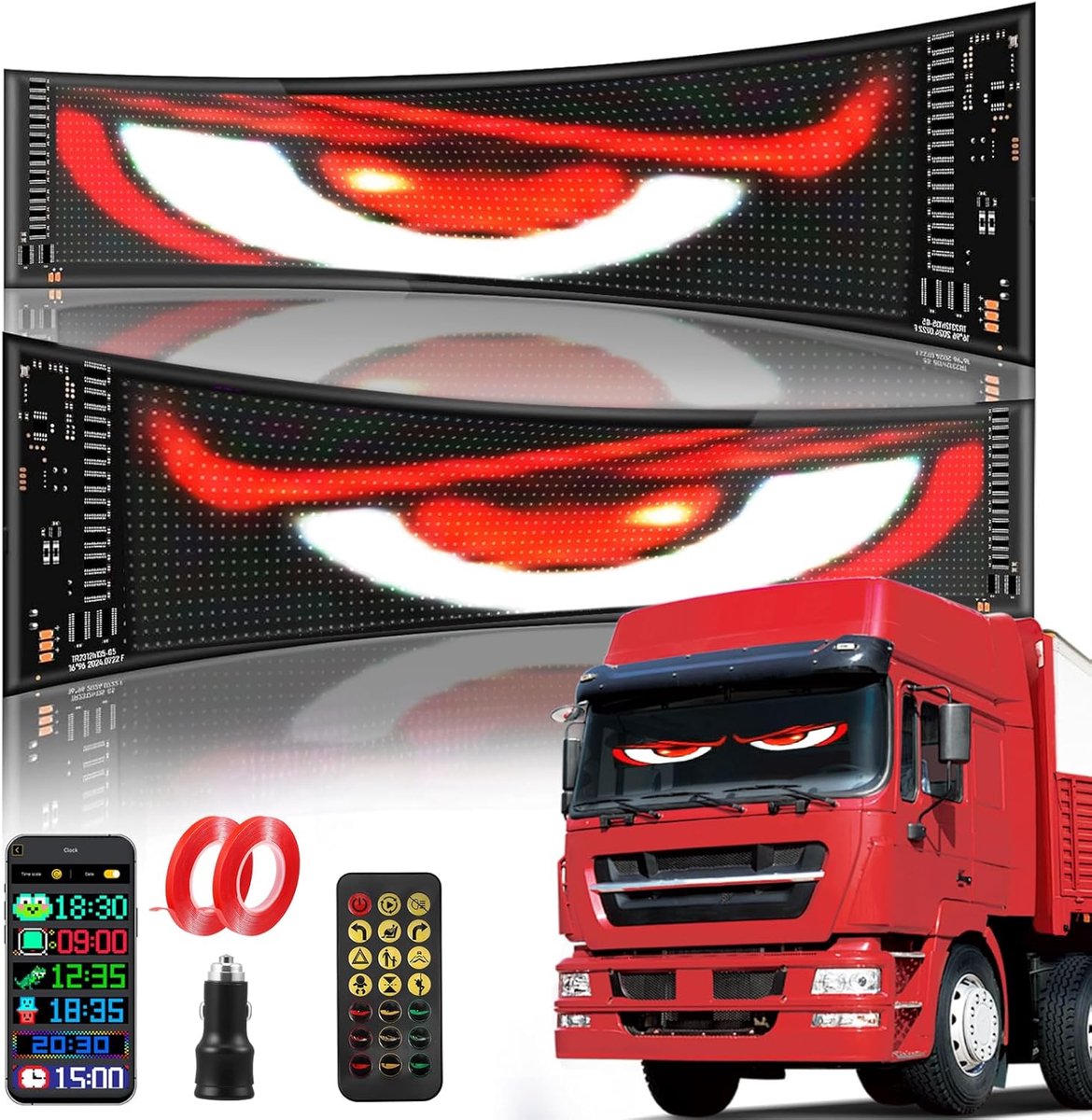 SnelShoppen - 2 Stuks LED-Ogen voor Vrachtwagen en Auto - 12 x 60 cm - IP65 Waterdicht - Flexibel LED-Loopschrift - Programmable Matrix Paneel met Blu