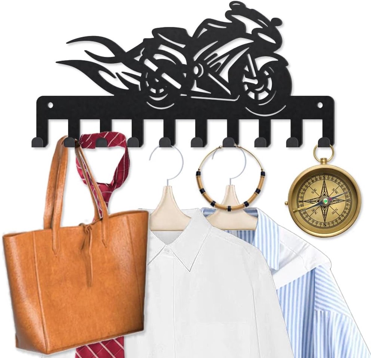 SnelShoppen - Metal Motorcycle Clothes Hook 40x25cm Wandgemonteerde Sleutelhanger met 10 Haken, Zwart Kunst voor Jassen, Hoeden, Handdoeken en Tassen