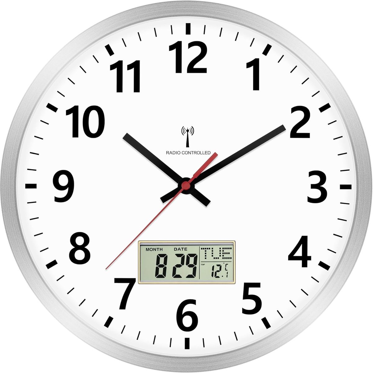 SnelShoppen - Wandklok Radio-gestuurd 30cm Analoge Wandklok met Digitale Temperatuur en Datum LCD Weergave voor Keuken, Woonkamer, Zilver
