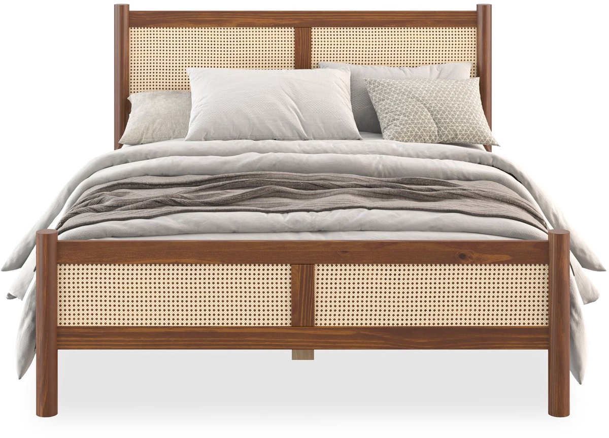 Massief houten bed CEFIRA 140x190 cm met rotanvlechtwerk – kastanje-afwerking