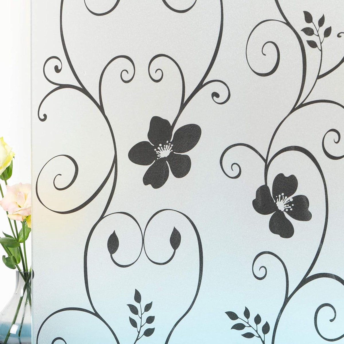 Decoratieve Raamfolie - Privacy Folie - Raam Decoratie - Statisch Hechtend - 35 x 157 Inch - Zwarte Bloem