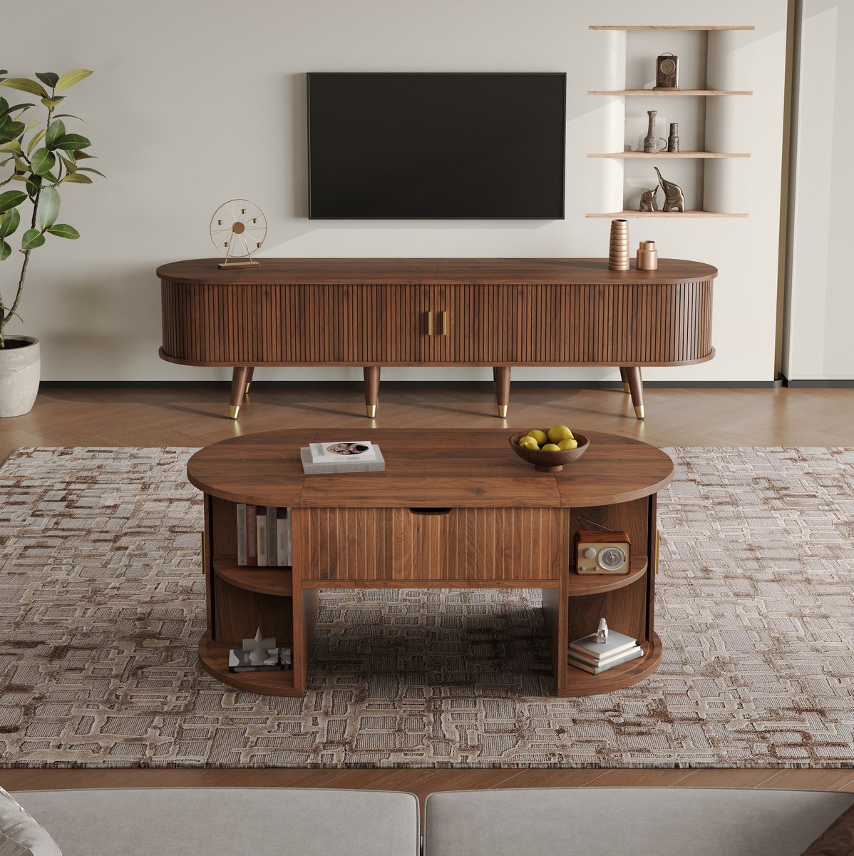 Wishdor - Dressoir set - TV-meubel met salontafel - schuifdeuren en lift-top - Mid-Century stijl - woonkamer - houtlook - walnoot - 175 x 38 x 44,7 cm