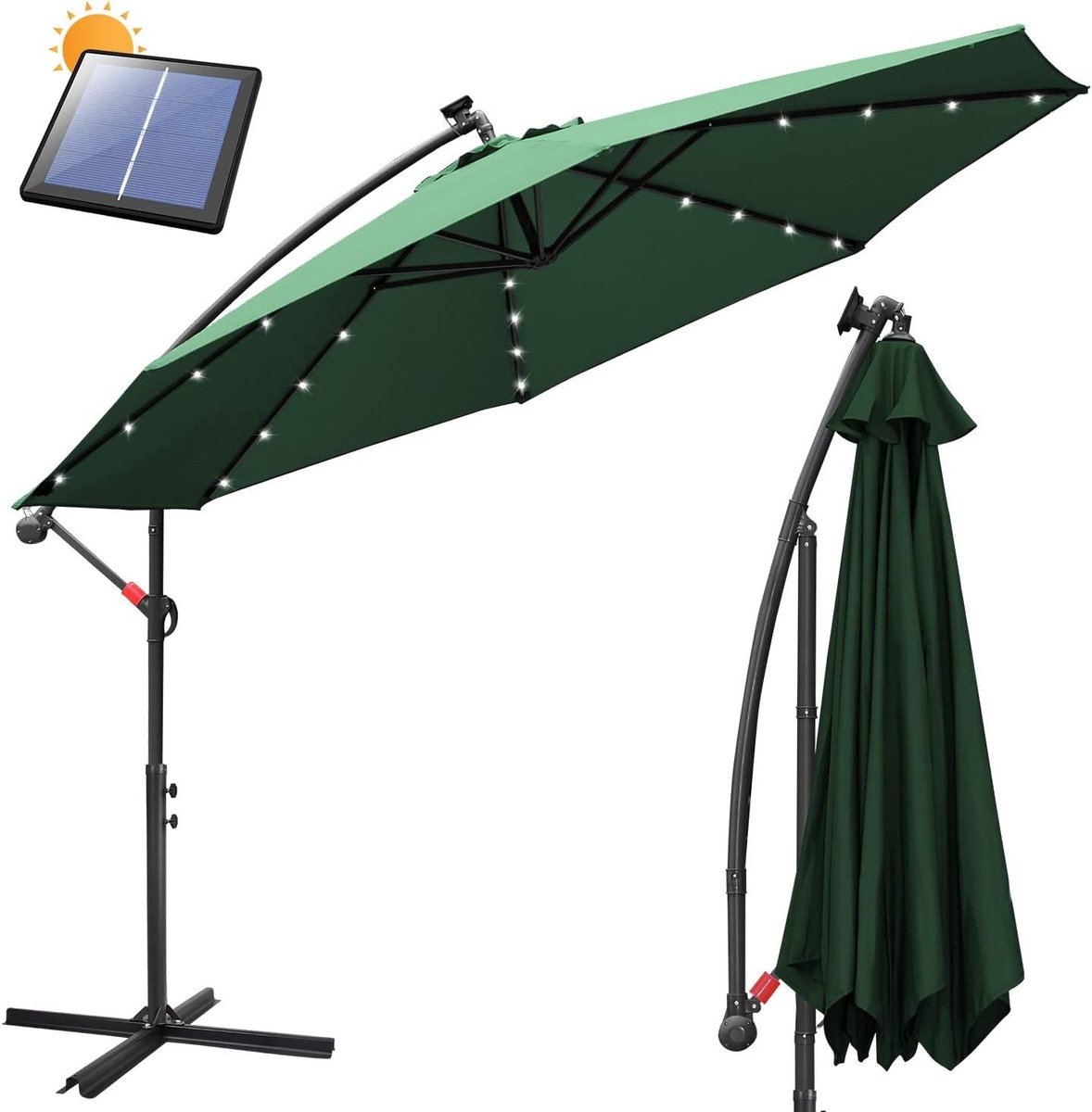 Zwevende parasol - Tuinparasol met led - Zonwering buiten - Zonne-energie verlichting - Diameter 350cm - Groen