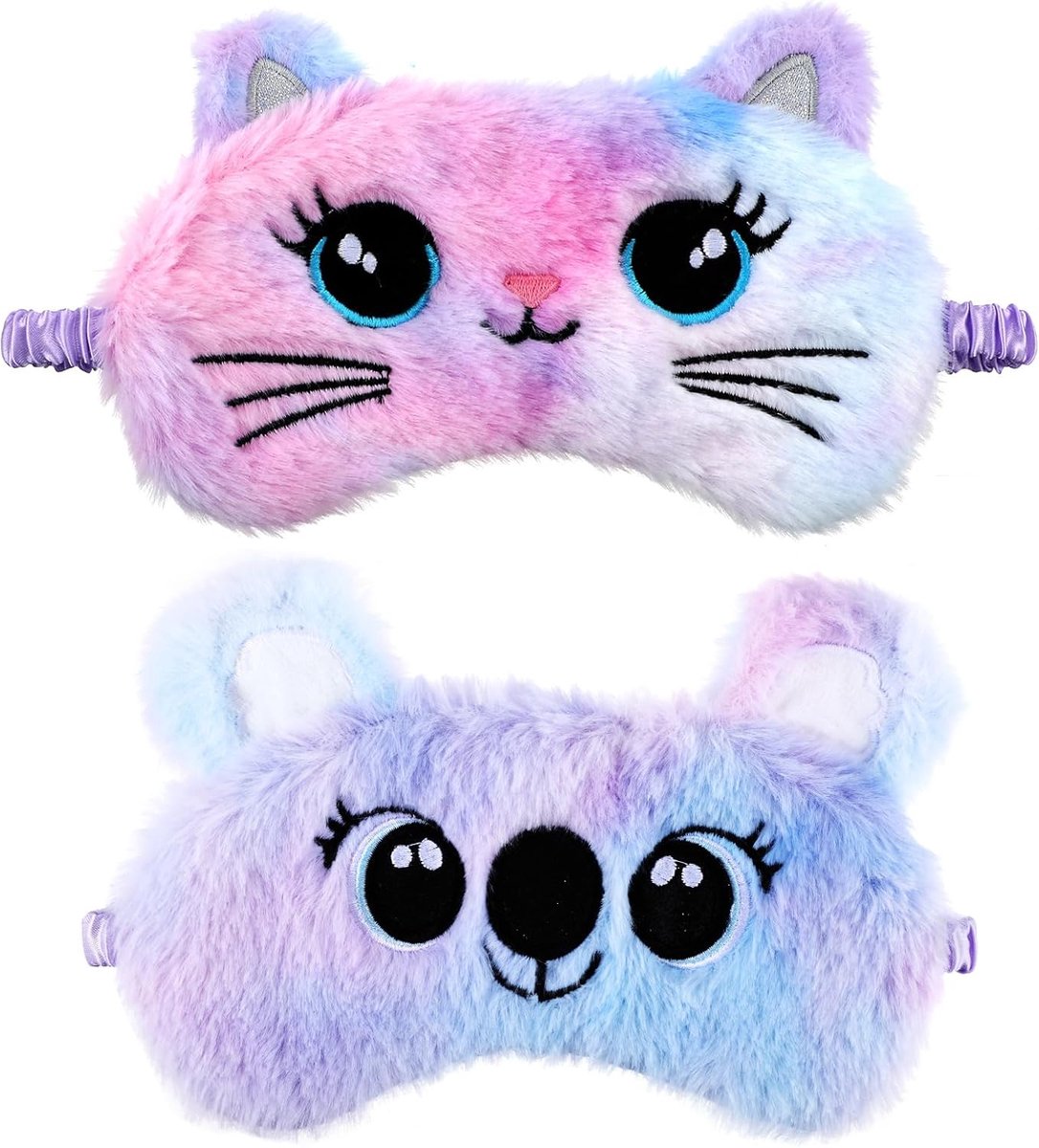 SnelShoppen - 2 Stuks Pluche Oogmasker Zacht Slaapblinddoek Kat & Koala Stijl - Comfortabel Satijn Slaapmasker voor Kinderen en Volwassenen - Perfect
