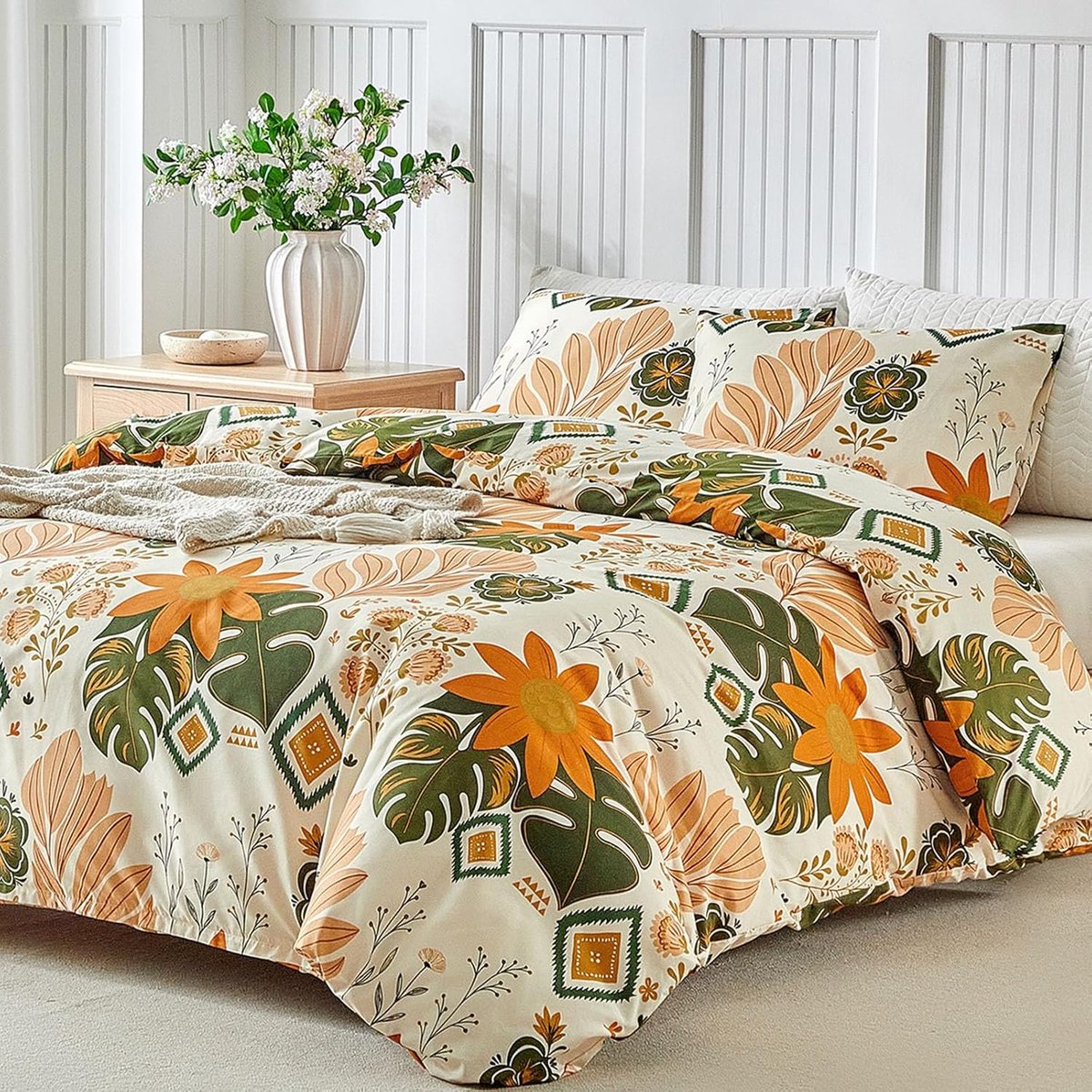 SnelShoppen - Tokokimo Dekbedovertrek 220 x 240 cm met 2 Kussenslopen 65 x 65 cm - Levende Zonnebloemen en Palmbladeren - 100% Microvezel Beddengoedse