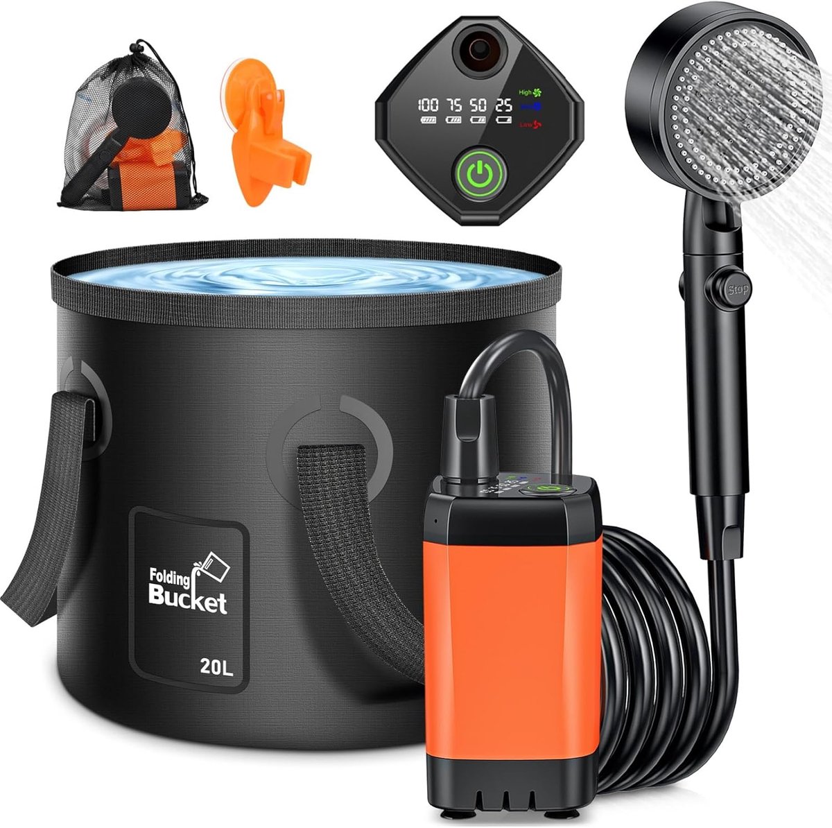 SnelShoppen - Camping douche met pomp 3000mAh, mobiele buitendouche met 20L opvouwbare emmer, douchekop en 2M slang voor tuin, strand, huisdier, auto