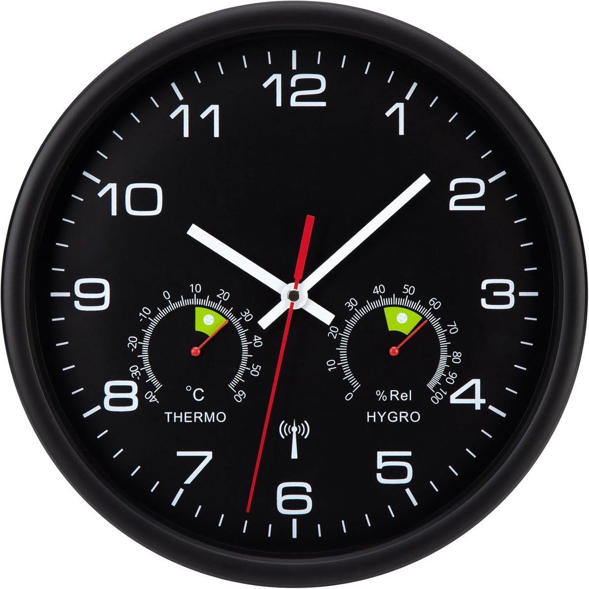 SnelShoppen - Radiogestuurde Wandklok met Thermometer en Hygrometer - Geruisloos, Stil, Hangklok voor Woonkamer, Slaapkamer, Kantoor - Modern Design,
