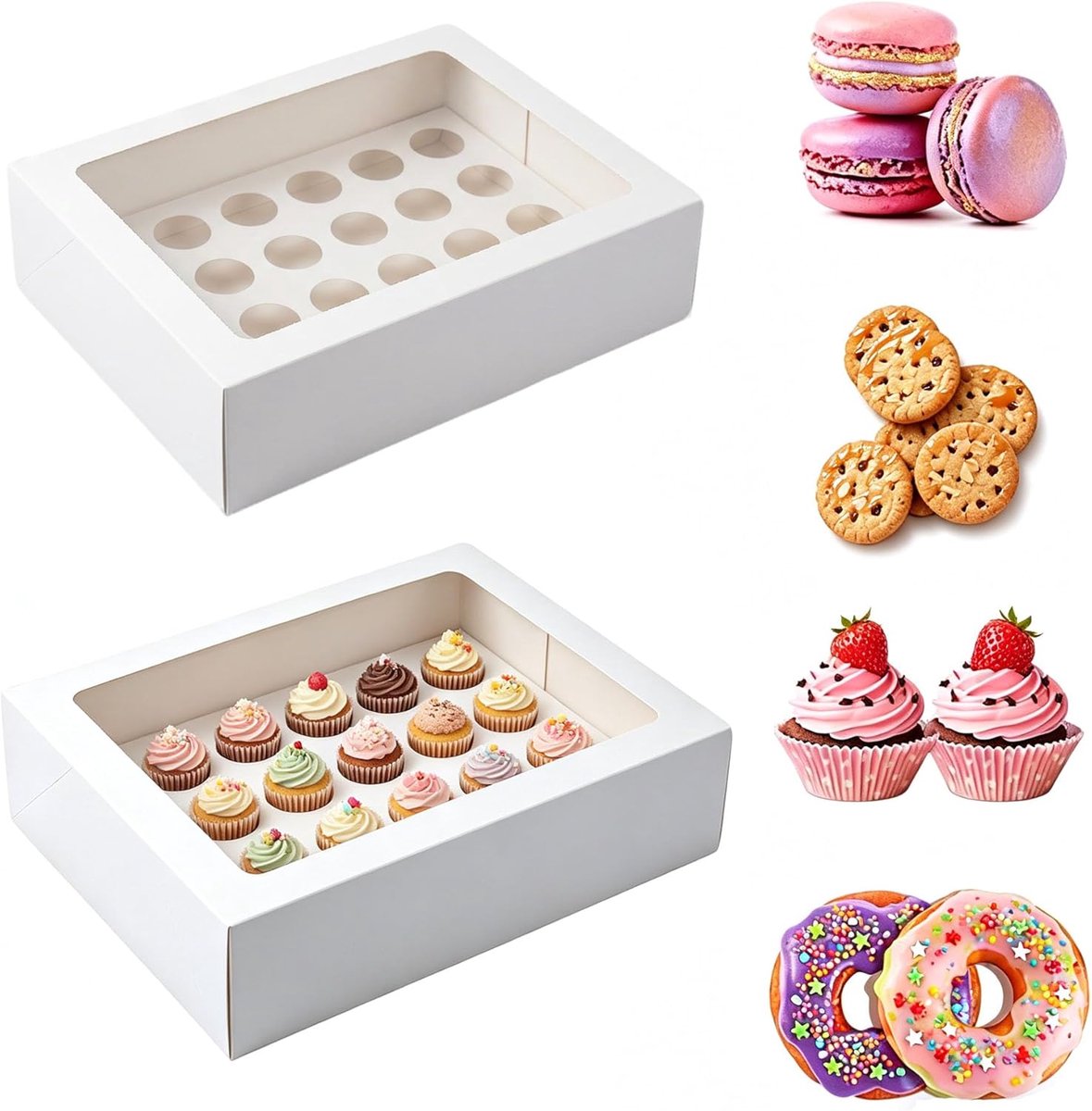 SnelShoppen - Mini-Cupcake Verpakkingsdoos met 24 Gaten - Witte Kartonnen Doos voor Kleine Muffins en Gebak - 34 x 26 x 10 cm - Ideaal voor Feestjes,