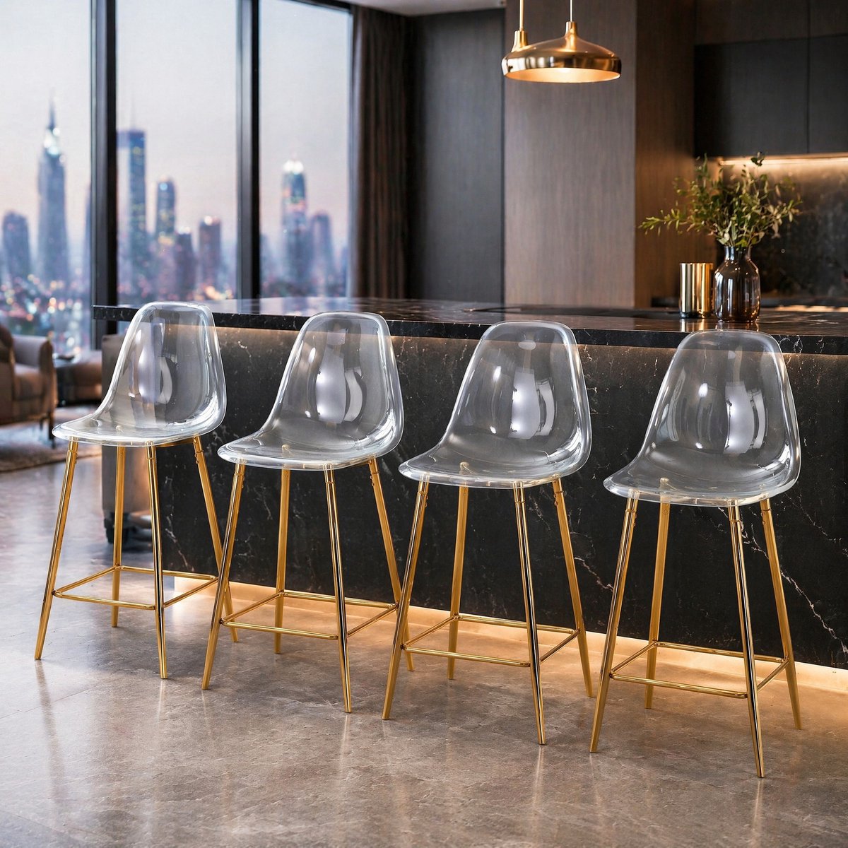 MEUNIQ Transparante barkrukken set van 4 met rugleuning en voetensteun, kunststof zitting met goudkleurig metalen frame voor keuken, bar of eetkamer