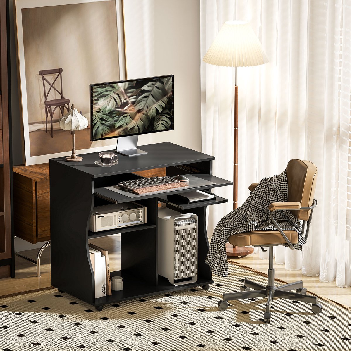 OKWISH Bureau - Computertafel Met Wielen En Toetsenbordplank - Compact Voor Thuiswerk En Kantoor - Hout Zwart - 80 x 48 x 75 cm