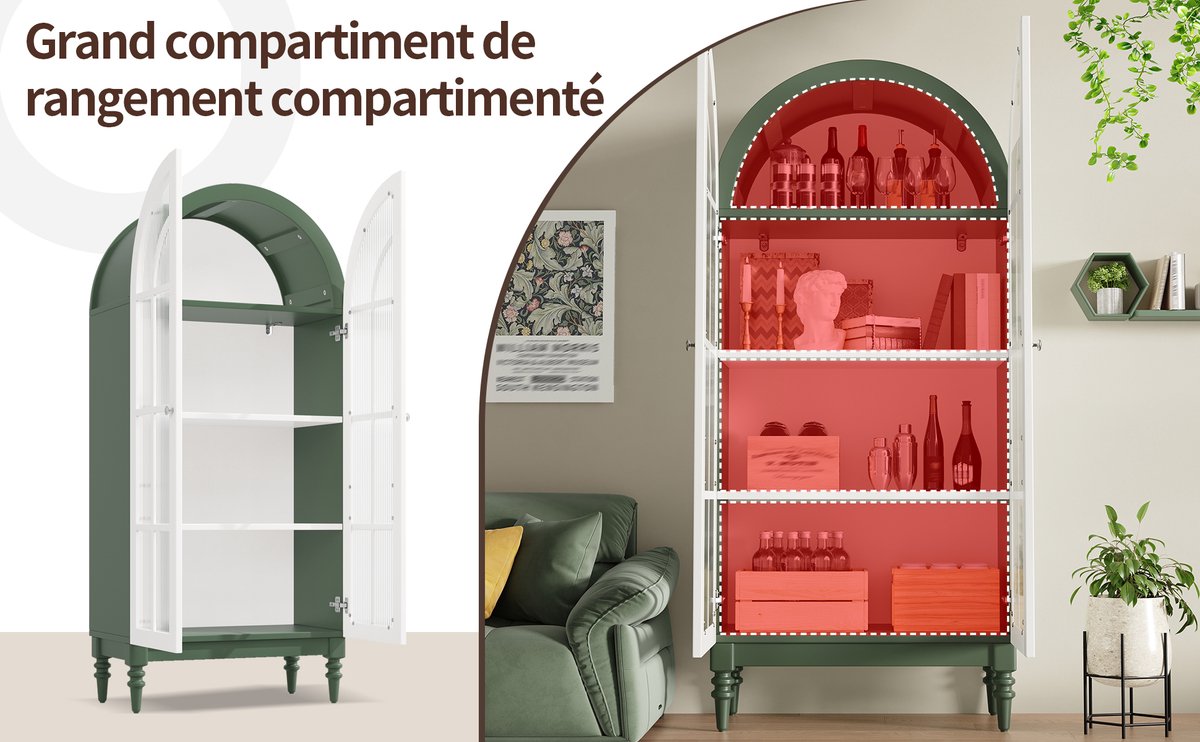 MEUNIQ vitrinekast 76 x 38,5 x 165 cm met geribbeld glas, dubbele deuren en 3 legniveaus, boogdesign voor woonkamer, eetkamer of hal, groen