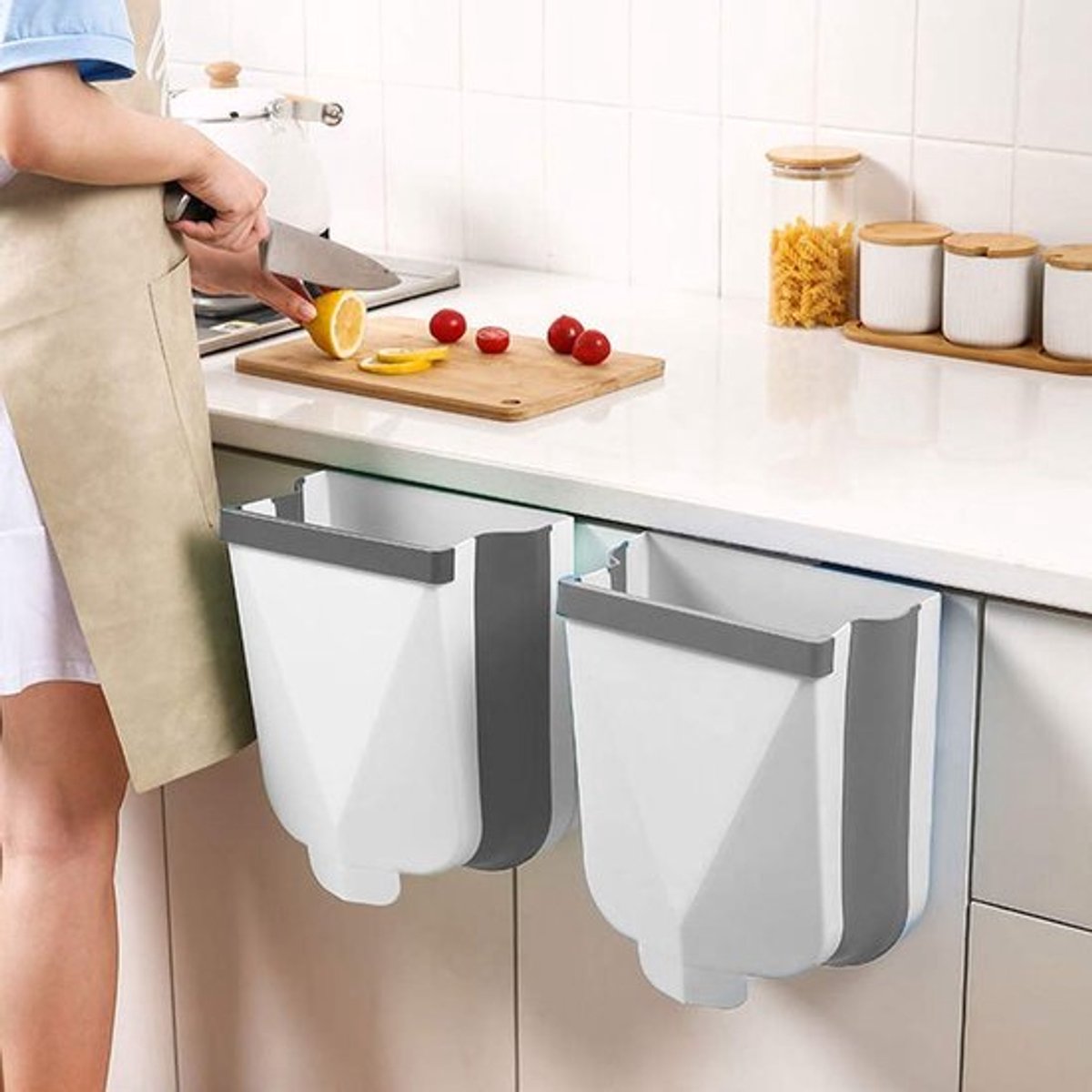 Vuilnisbak keuken, opvouwbaar, 6 liter, bijgewerkt hangend, ophangbaar voor afvalcontainer voor keuken, auto, badkamer, kantoor en slaapkamer (wit), grijs