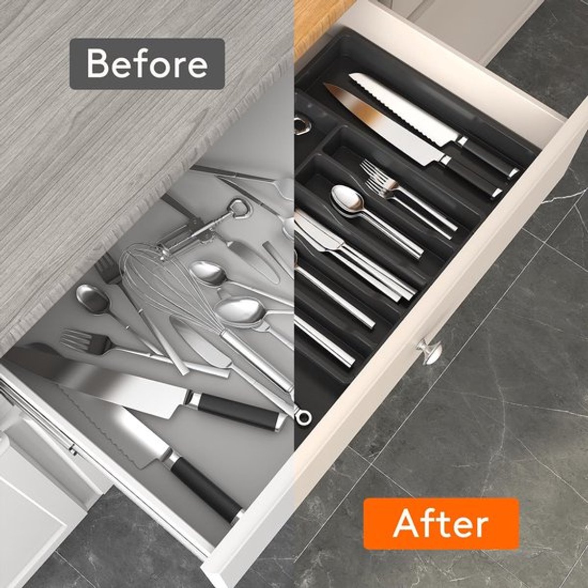 Grote lade-organizer voor bestek, uitbreidbare besteklade voor de keuken, BPA-vrij bestek en bestekhouder, verstelbare kunststof opbergruimte voor lepels, vorken en messen, groot, zwart