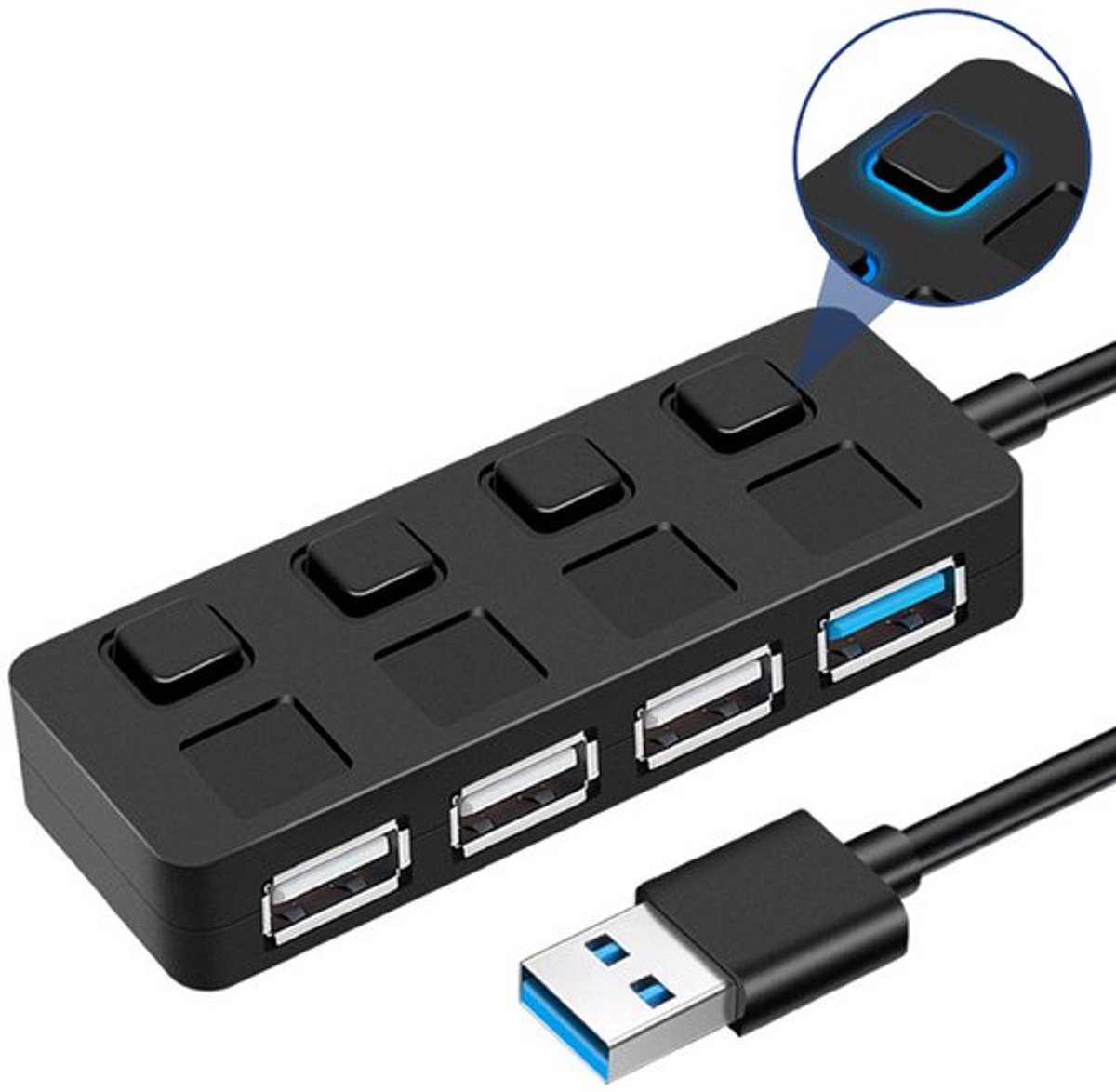 USB 3.0-hub met vier poorten en onafhankelijke schakelaars | 480 Mbps hogesnelheidsoverdracht | Energiebesparing door één druk op de knop | Plug-and-play-compatibiliteit met desktops, laptops, mobiele telefoons, USB-sticks en meer