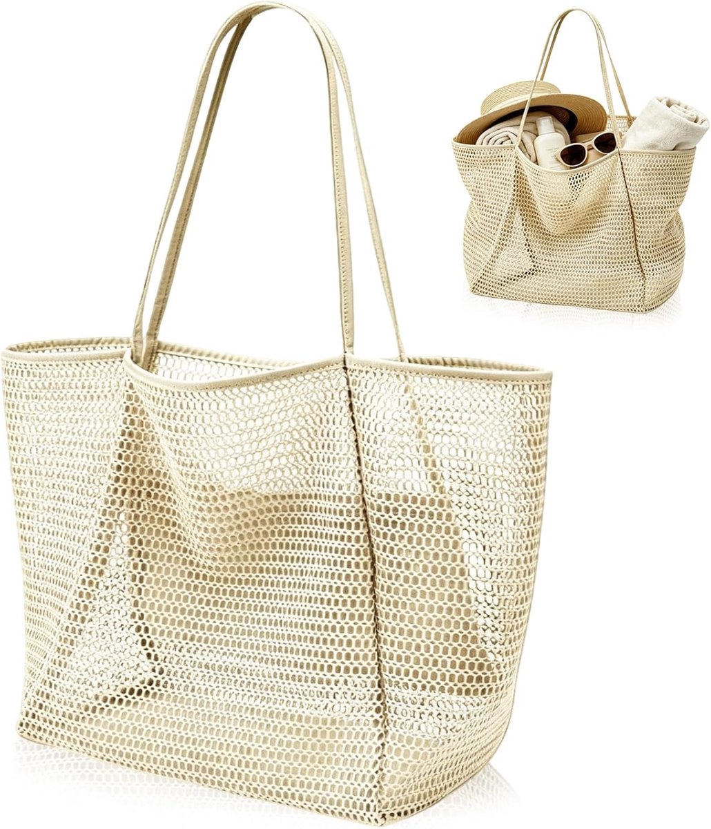 Thijox - Opvouwbare Mesh Strandtas met Ritssluiting, Grote Lichte Strandtas voor Dames, Stijlvolle Zand- en Waterdoorlatende Strandmand in Gebroken Wi
