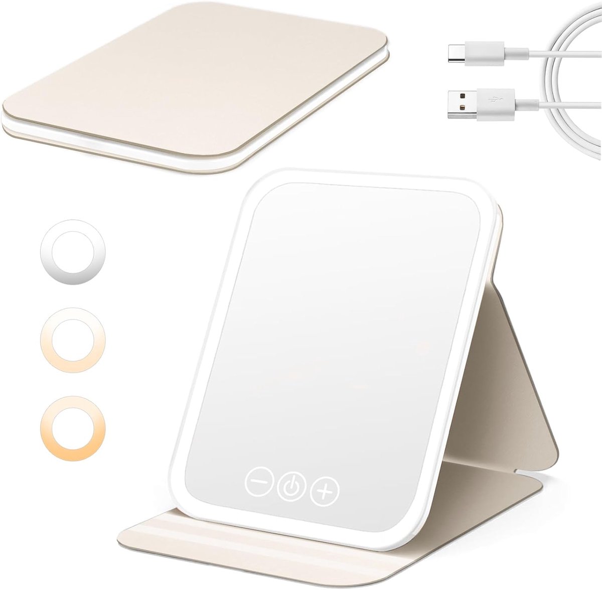 Thijox - Verlichte Make-upspiegel Oplaadbaar Draagbaar Ultra HD Opvouwbare Reisspiegel met 3 Lichtkleuren en Helderheid Instelbaar voor Thuis en Reize