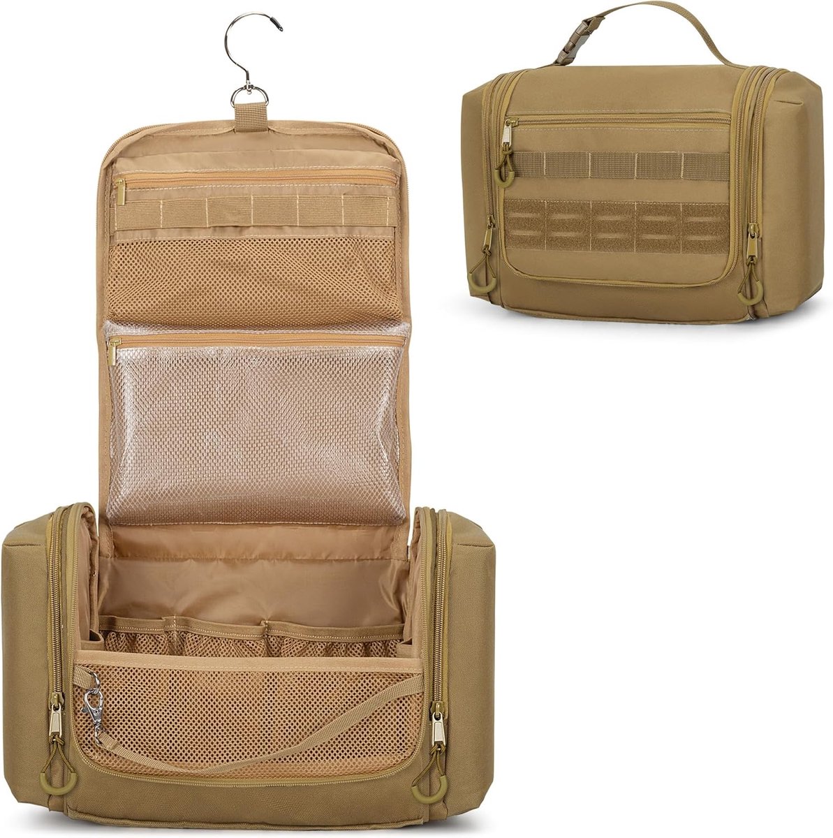 Thijox - Tactische Toilettas voor Mannen - Hangende Dopp Kit Hygiëne Tas met Haak - Douche Organisator - Khaki - Ideaal voor Reizen, Kamperen en Roadt