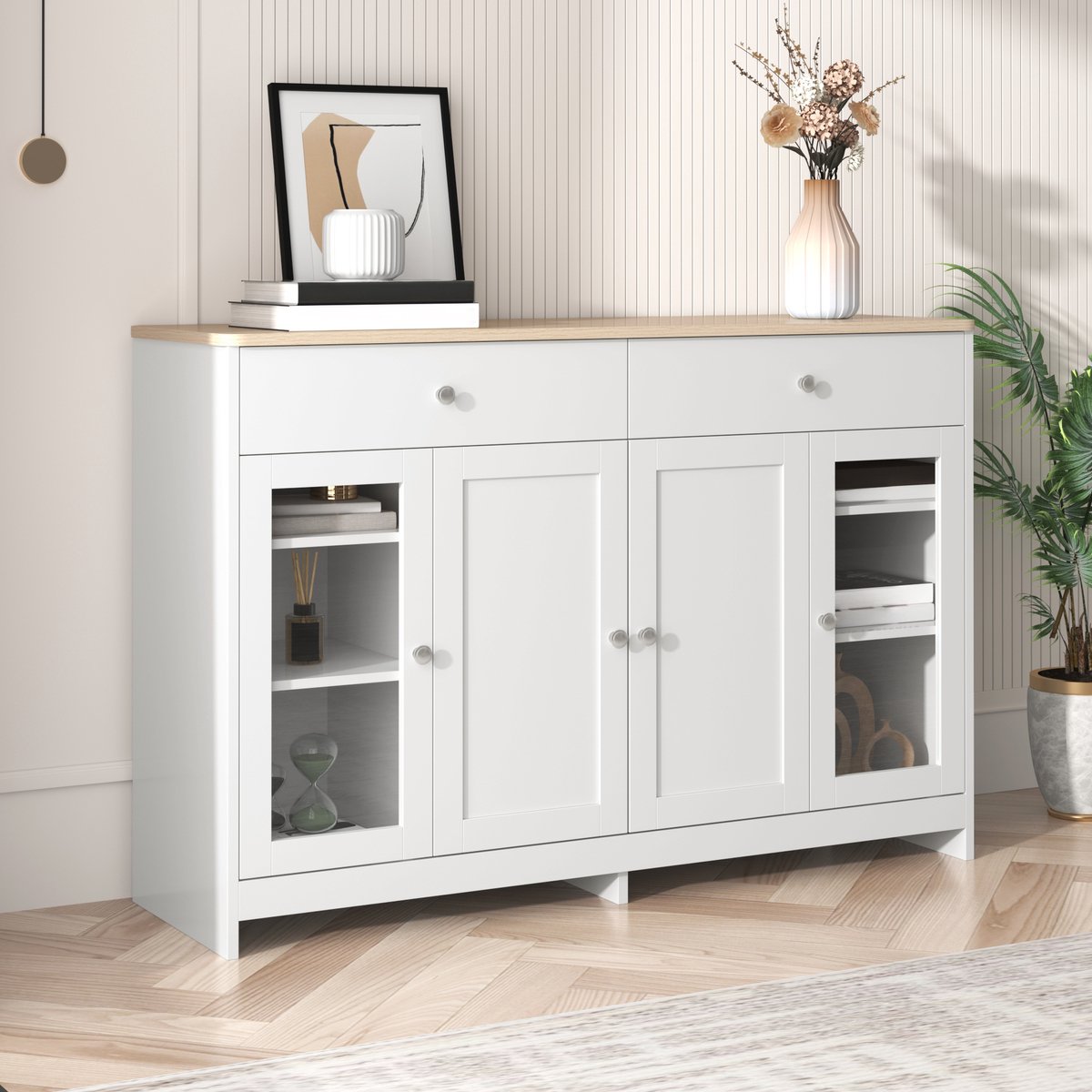Wishdor - Dressoir - 2 lades en 4 deuren - deels glazen opbergkast - landelijke stijl - woonkamer of eetkamer - houtlook en wit - 120 x 37 x 80 cm