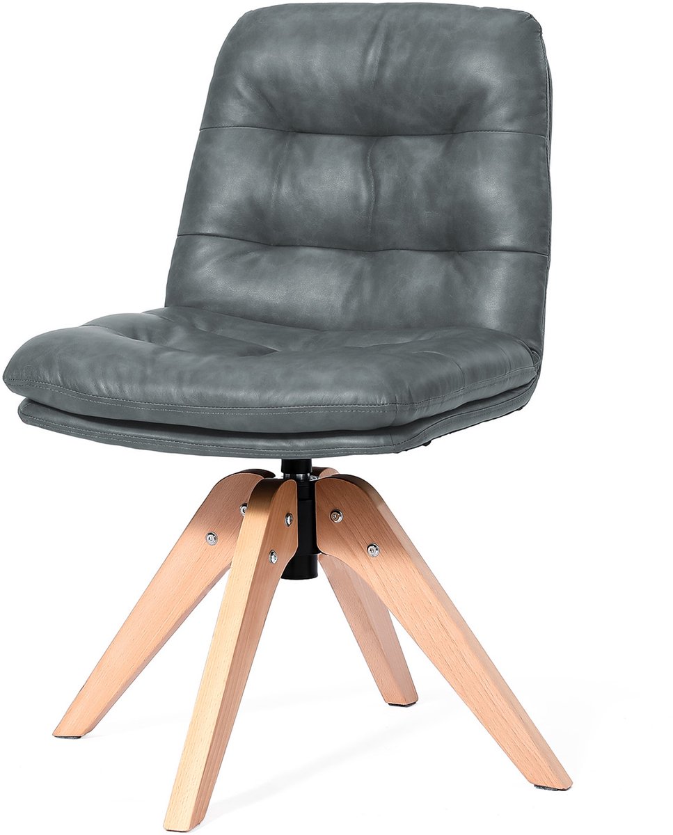 HomeMiYN Eetkamerstoel Grijs – Draaibare Stoel 360° met Omhullende Rugleuning, PU Bekleding en Houten Poten, Comfortabele Stoel voor Eetkamer, Keuken en Woonkamer