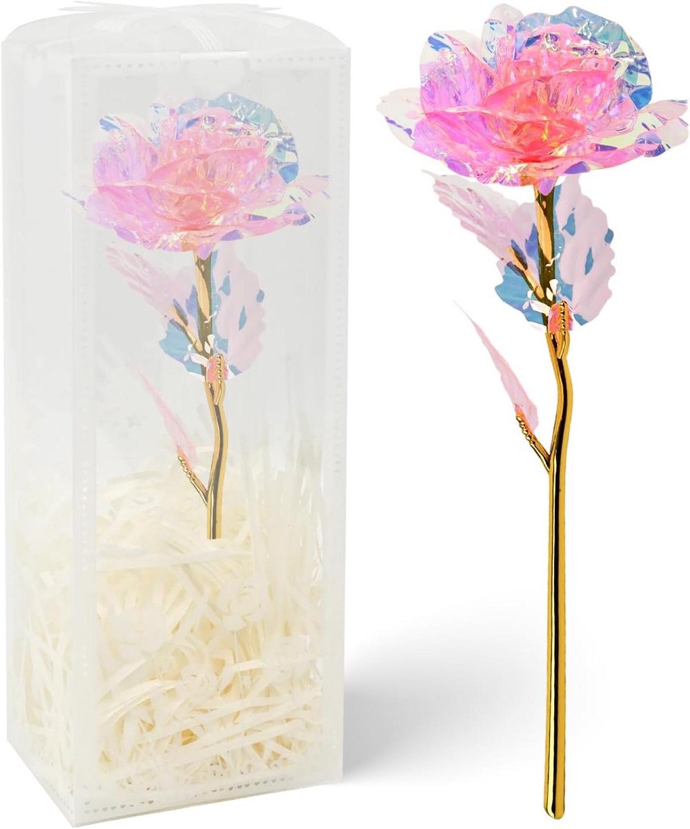 Kunstroos Galaxy Regenboog - Eeuwige Bloemen - Decoratie en Cadeau - Magisch Kleurverloop Effect - 10x10x1 cm - Lichtroze