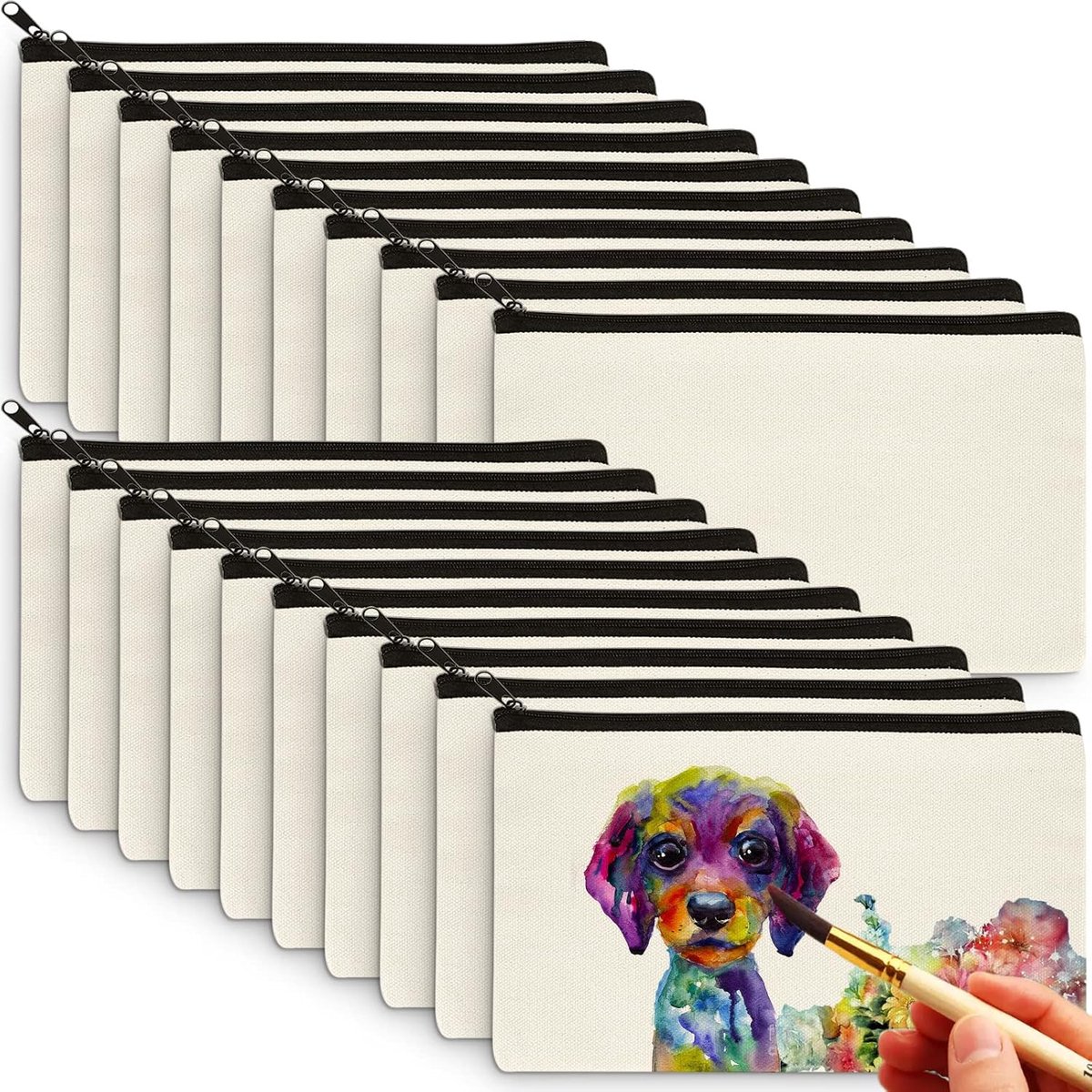 Ulisem - Stoffen Etui Set 20 Stuks – Canvas Pennenzak met Ritssluiting – Blanco DIY Etui – Beschrijfbare Opbergtas voor Graffiti, Bedrukken, Knutselen & Hobby - zwart