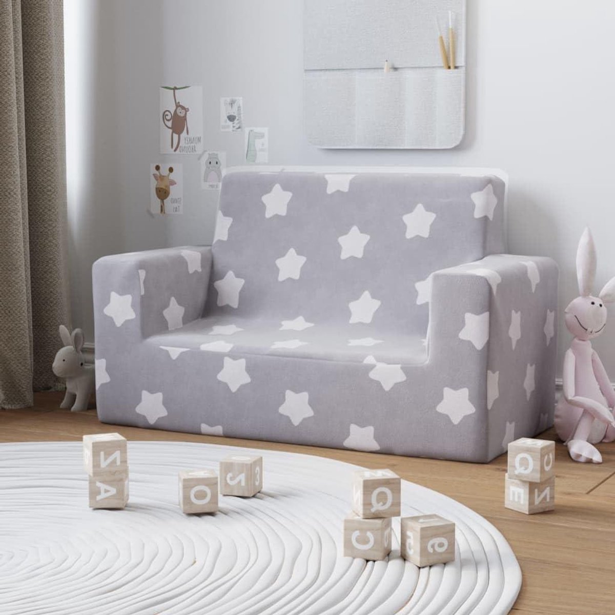 Kinderbank 2-zits - Kindermeubel bankje - Spelen en lezen - Afneembare hoes - 84 cm breed - Lichtgrijs met sterren