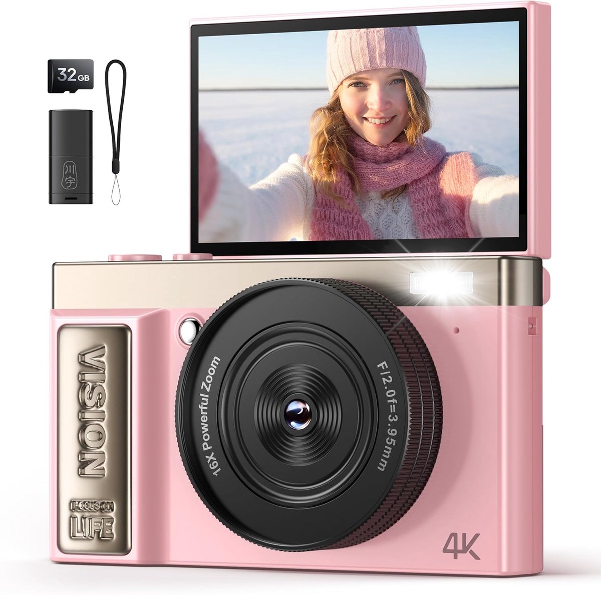 SnelShoppen - 4K Digitale Camera Roze voor Tieners - 64 MP Vlogging Camera met Flip Screen, 16x Zoom - Compacte Fotografie Camera voor Kinderen en You