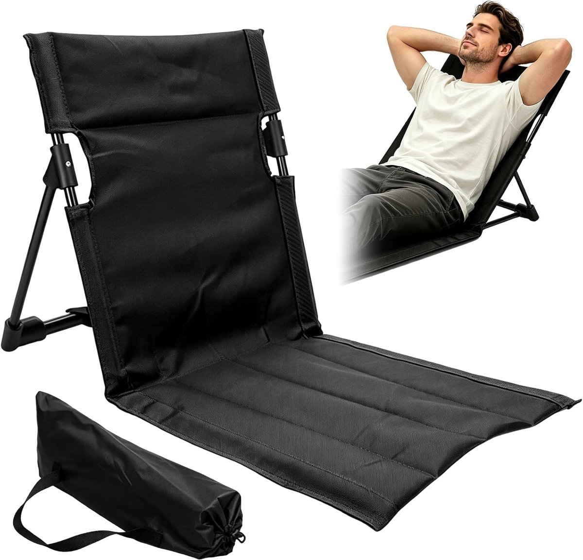 Thijox - Inklapbare Strandmat met Rugleuning, Lichtgewicht Vloerstoel van 600D Oxford voor Camping, Strand, Tuin, Picknick, Wandelen, Zwart