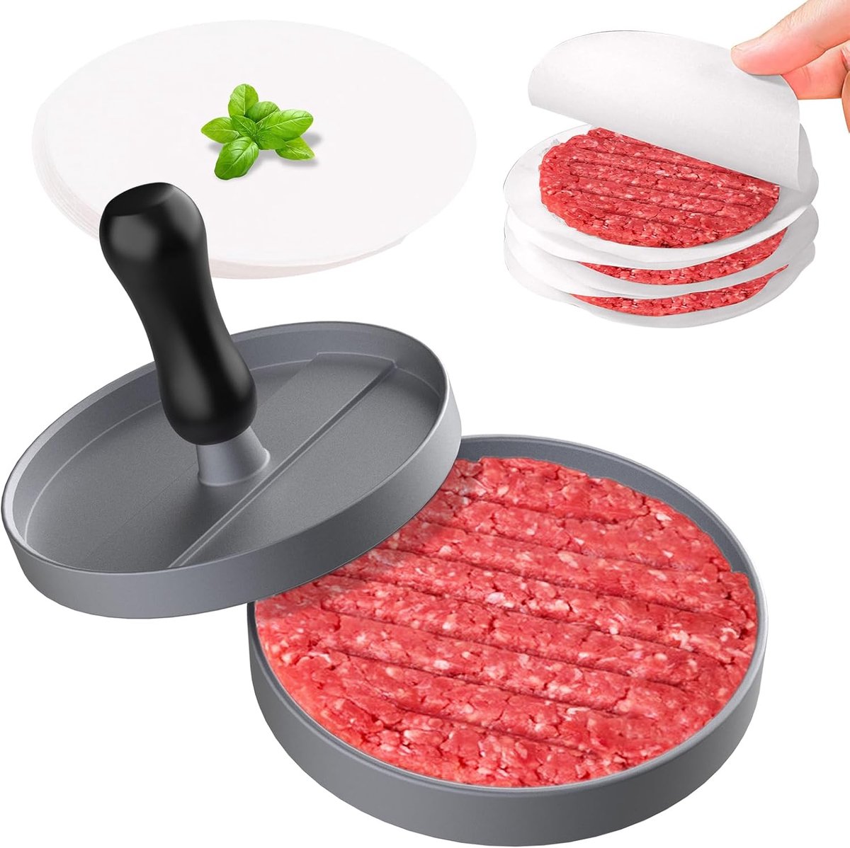 SnelShoppen - Hamburgerpers Aluminium met Antiaanbaklaag, 11,4 cm, inclusief 100 Vellen Steakpapier, Zwart Houten Handvat voor Perfecte Hamburgers, BB