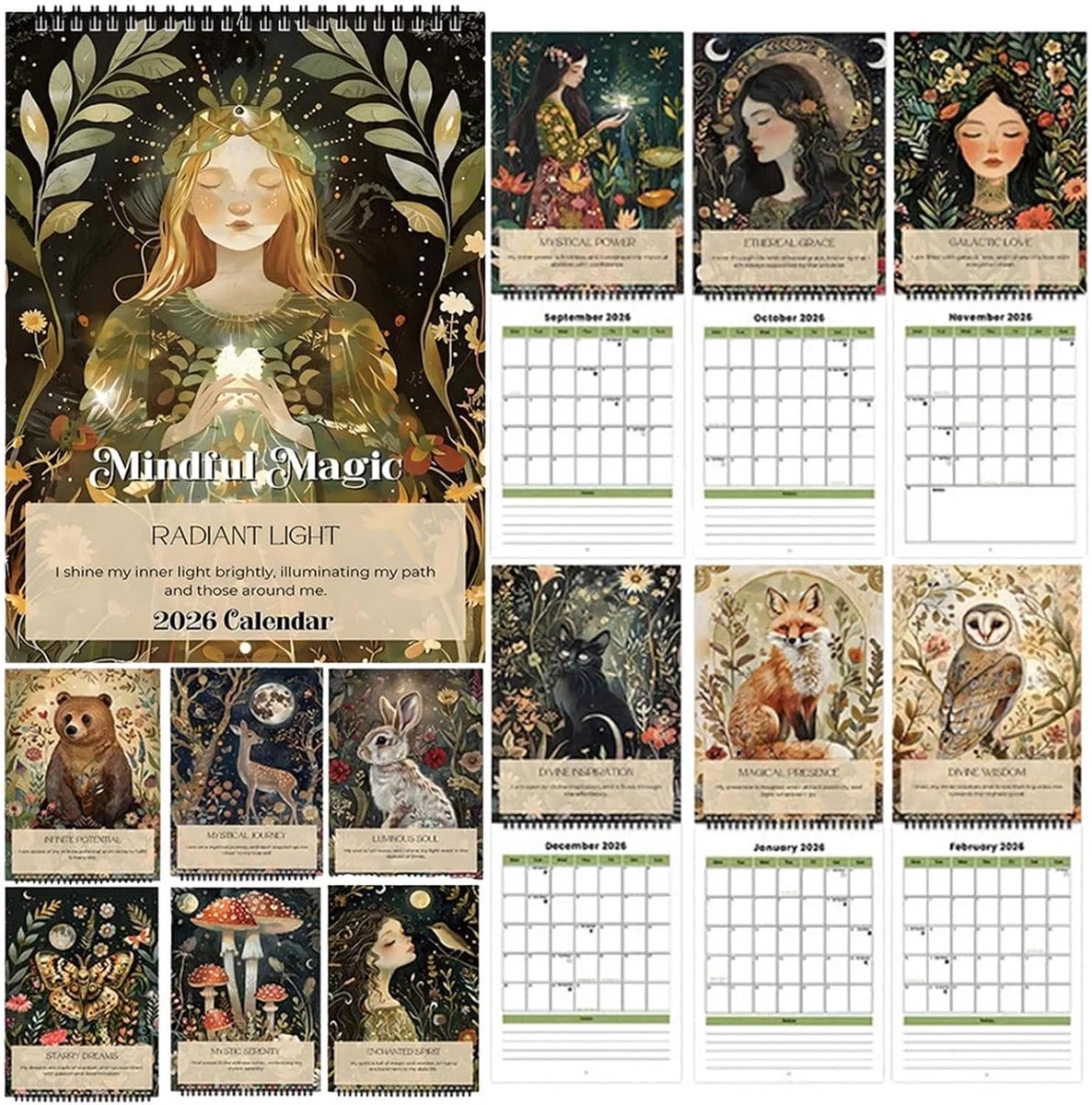 SnelShoppen - Mindful Magic Wandkalender 2026, Inspirerende Maandkalender met Affirmaties, Bureau- en Thuisgebruik, 12 Bladen, Positief Denken, Mindfu
