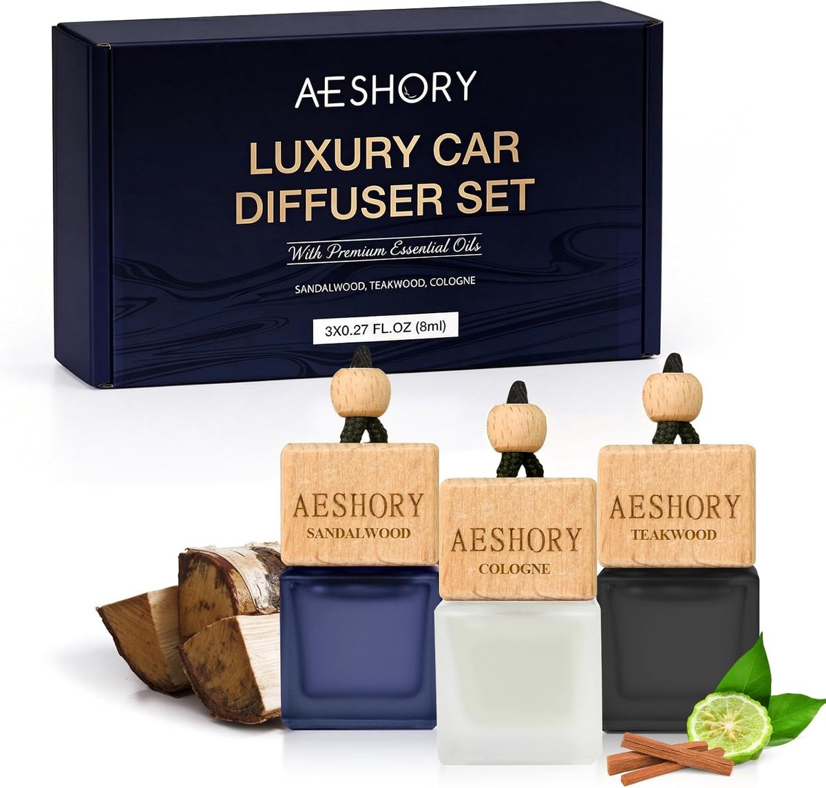 SnelShoppen - Car Air Freshener voor Mannen 3 X 8ML | Hangen Luchtverfrisser Diffuser Set, Geur voor Auto en Thuis | Houtachtige Geur - Cologne, Sande