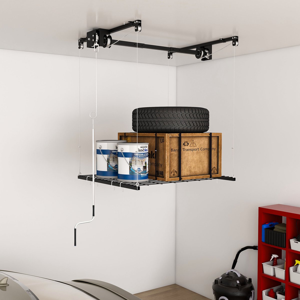 OKWISH Garageplafondrek – Handlier Met Veiligheidsvergrendeling – 120 x 120 cm – Staal – Zwart – Voor Hoge Garages