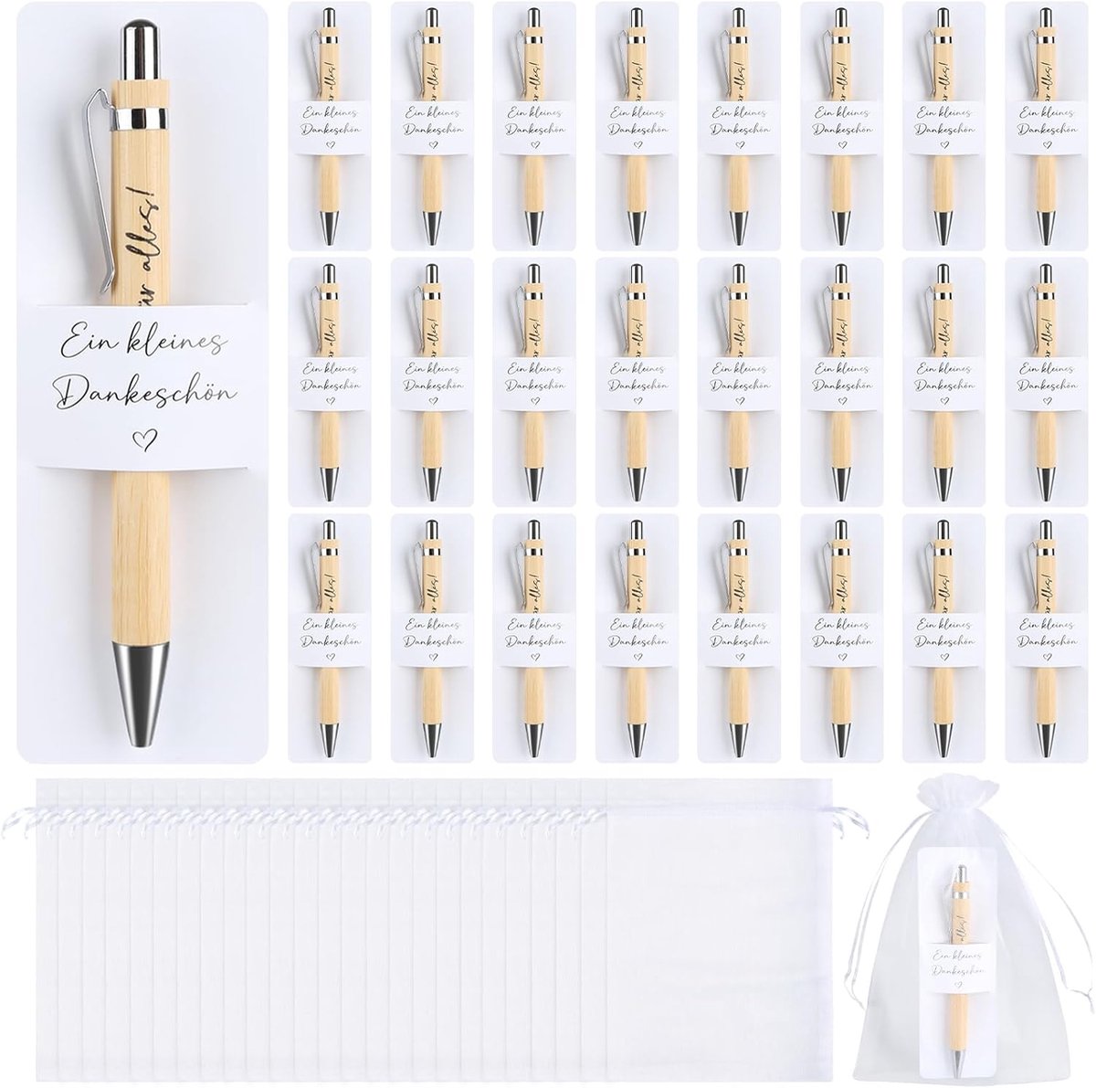SnelShoppen - 25 Sets Bedank Geschenkset met Houten Balpen, Papieren Penhouder en Organza Tas - Perfect voor Docenten, Collega's, Vrienden, Verjaardag