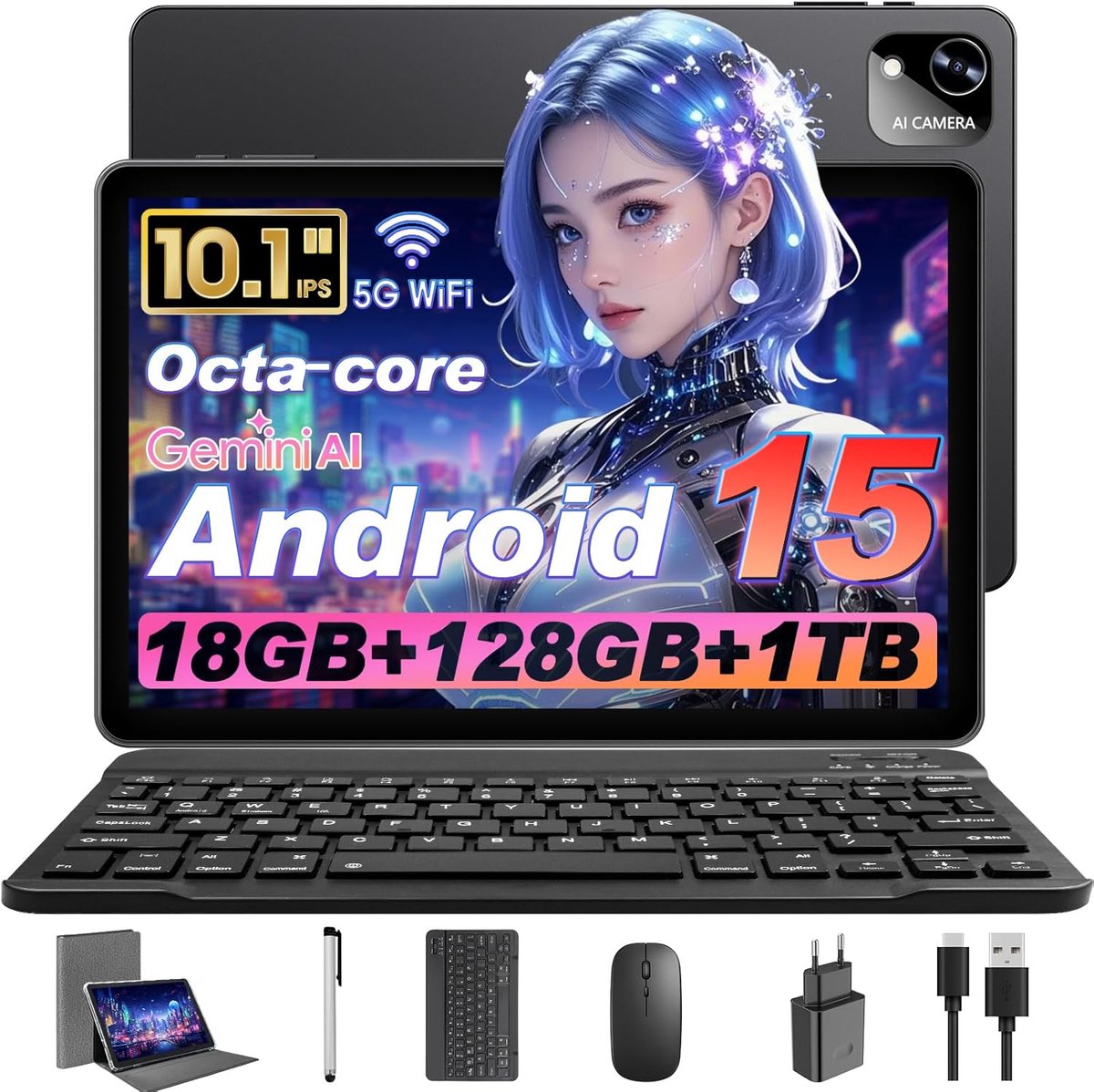 SnelShoppen - Android 15 Tablet 10 Inch, Octa-Core CPU, 18GB RAM, 128GB ROM, WiFi 6, Dual Speakers, GPS, 6000mAh, Perfect voor Films en Gaming