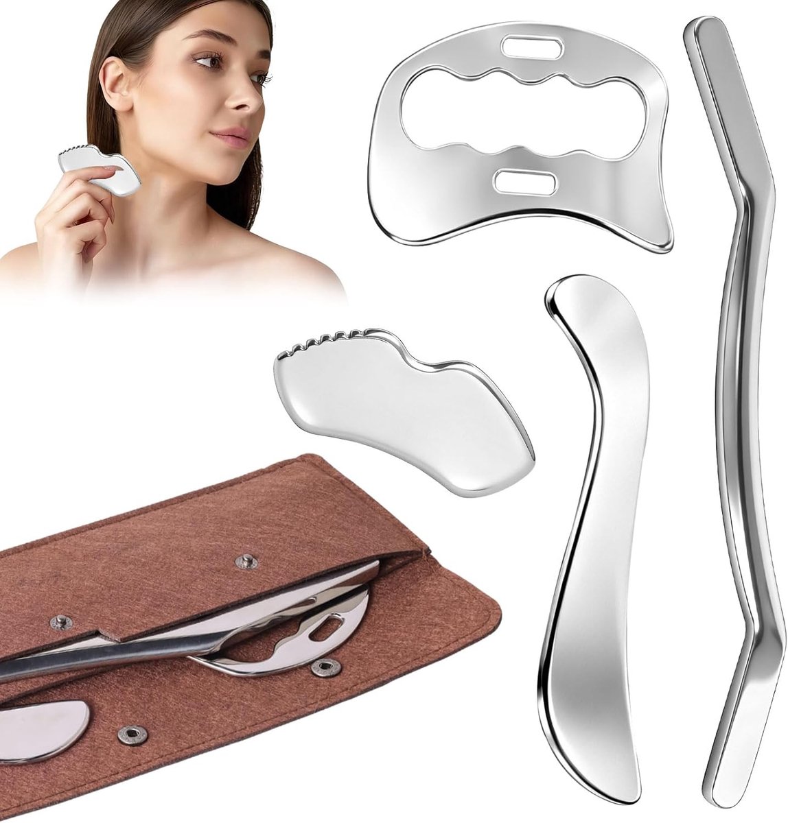 SnelShoppen - 4-in-1 Gua Sha Stainless Steel Massage Tool, Lymfatische Afvoer, Spier Fascia Scraper met Opbergtas voor Gezicht, Nek, Rug en Benen