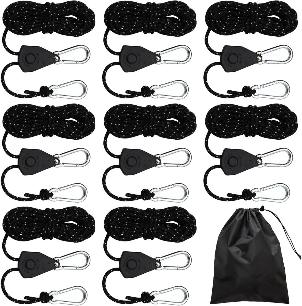 SnelShoppen - Pack van 8 Reflecterende Tentlijnen, 4 mm, 4 m, Lichtgewicht Nylon Touw met Spanner, Verstelbare Kampeertouwen voor Tent, Tarpaulin, Zwa