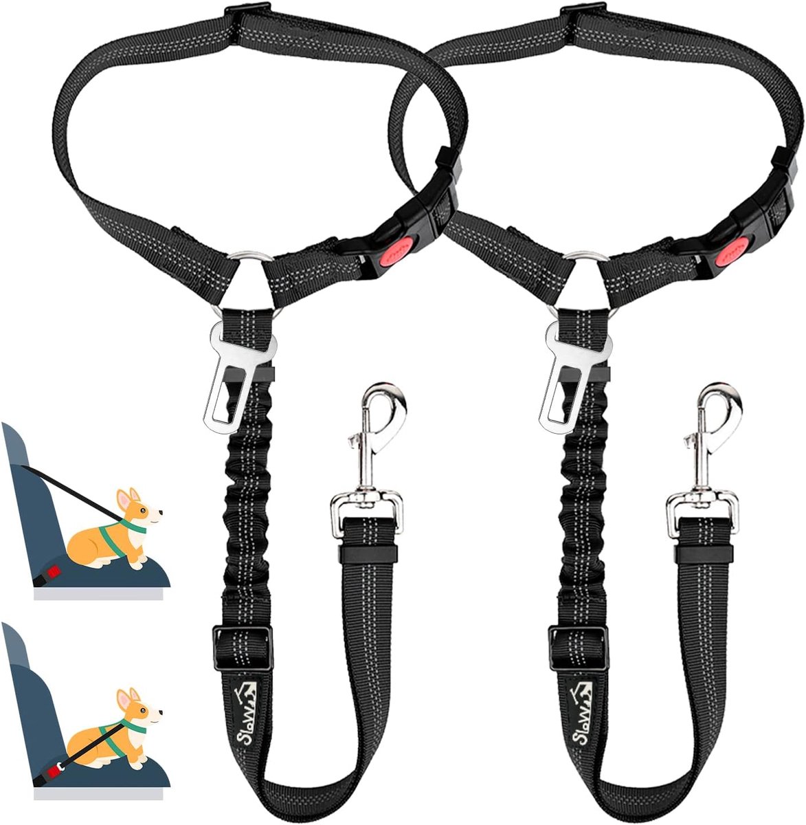 SnelShoppen - Honden Autogordel met Hoofsteun Bevestiging - Verstelbare Veiligheidsgordel voor Honden - Inclusief Elastische Schokabsorber - 2 Stuks