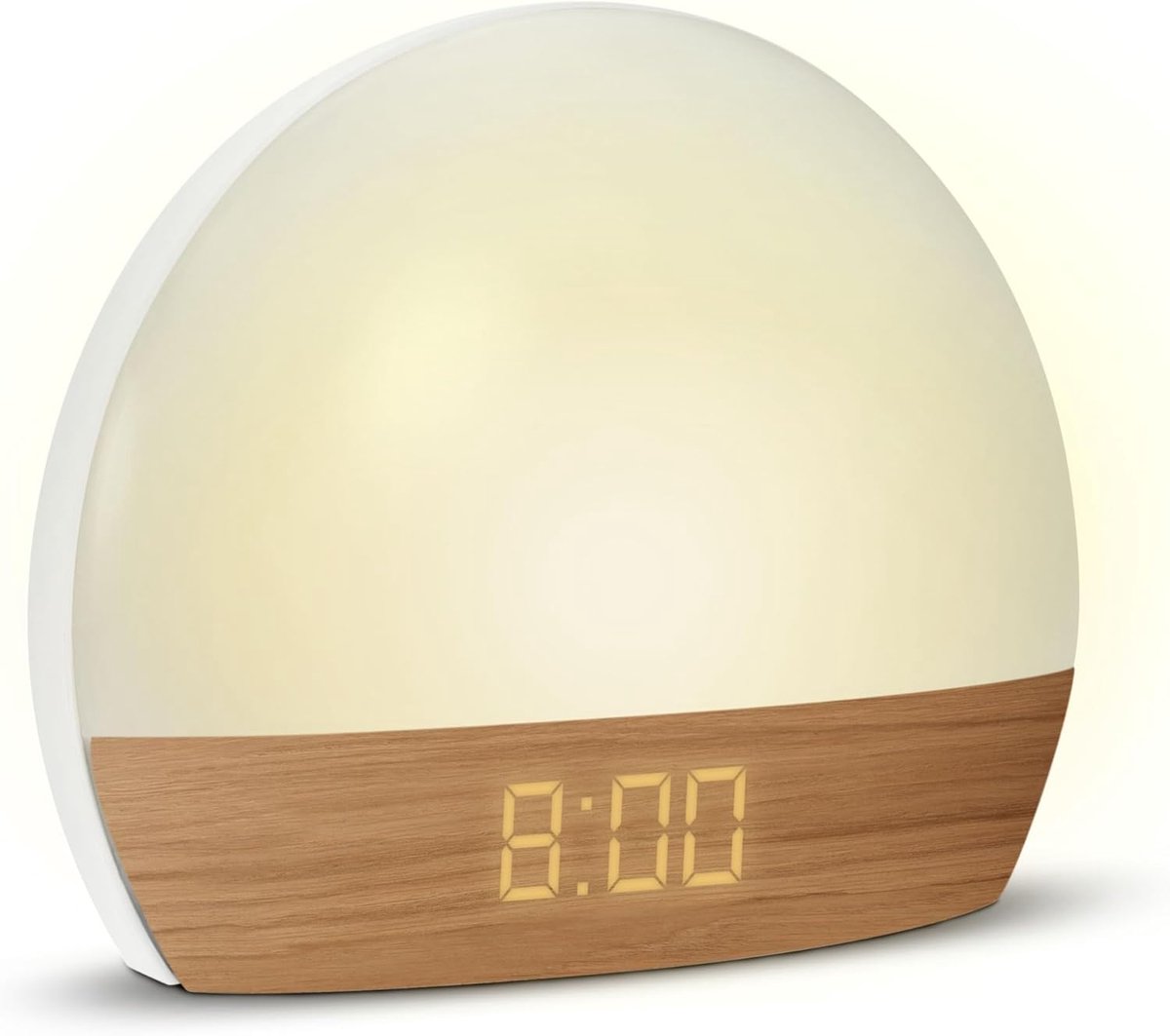 SnelShoppen - Alarm Klok met Progressieve Lichttherapie, Natuurlijk Hout Effect, USB-A Oplaadpoort, Witte en Kleurrijke Verlichting, Ideaal voor Ontwa