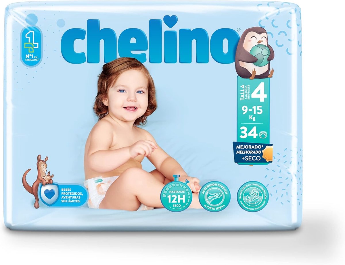 SnelShoppen - Baby luiers maat 4, 34 stuks, ademend en hypoallergeen, zachte Fleece stof, dubbele absorptie, ideaal voor kinderen, verzorging, dagelij