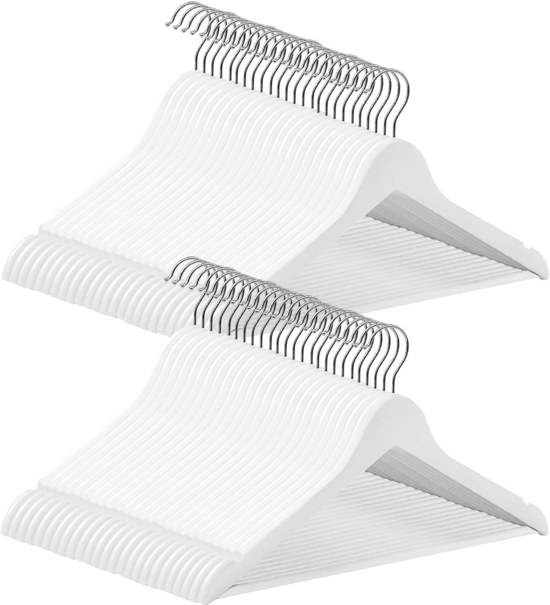 SnelShoppen - 50 Stuks Houten Kledinghangers met Antislip Trouser Bar en 360° Draaibare Haak, Natuurlijk Hout, W44.5 x H23 cm, Wit + Zilver