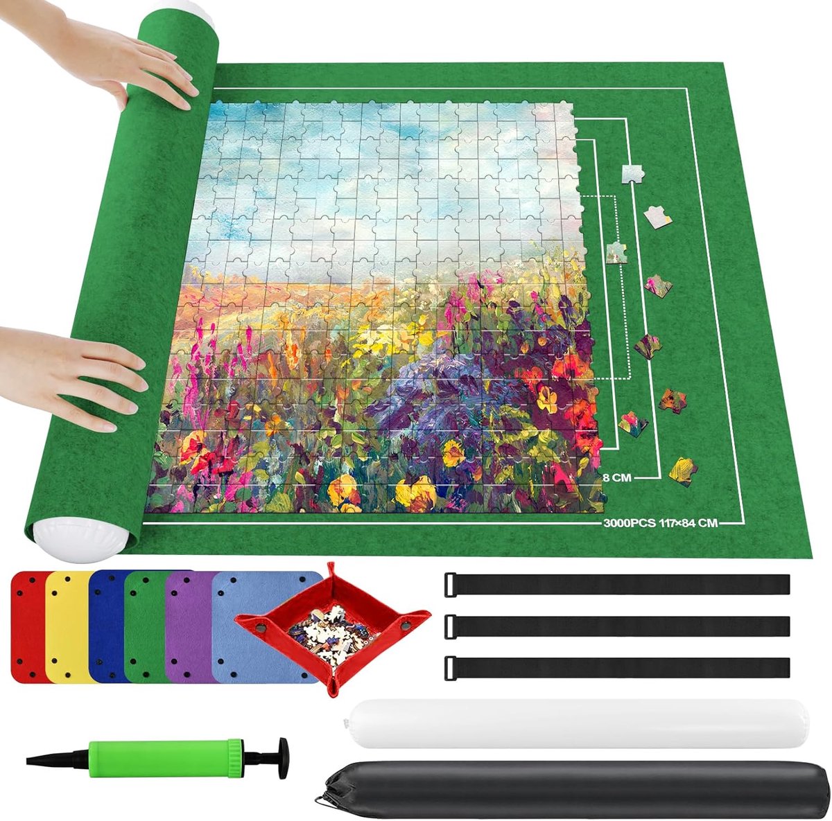 SnelShoppen - Puzzle Roll Jigsaw opslagmat, opvouwbare felt mat voor 3000 stukjes, inclusief opblaaspomp en richtlijnen, ideaal voor puzzelaars