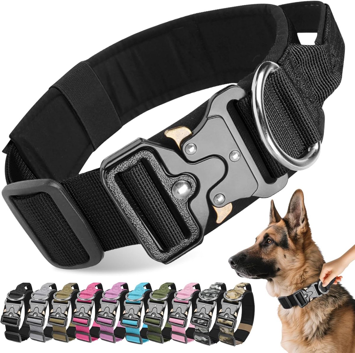 SnelShoppen - Tactical Dog Collar met Handvat - Zacht Gevoerd Ademend Hondenhalsband - Stevige Metalen Gesp - Duurzame Verstelbare Militaire Nylon Hal