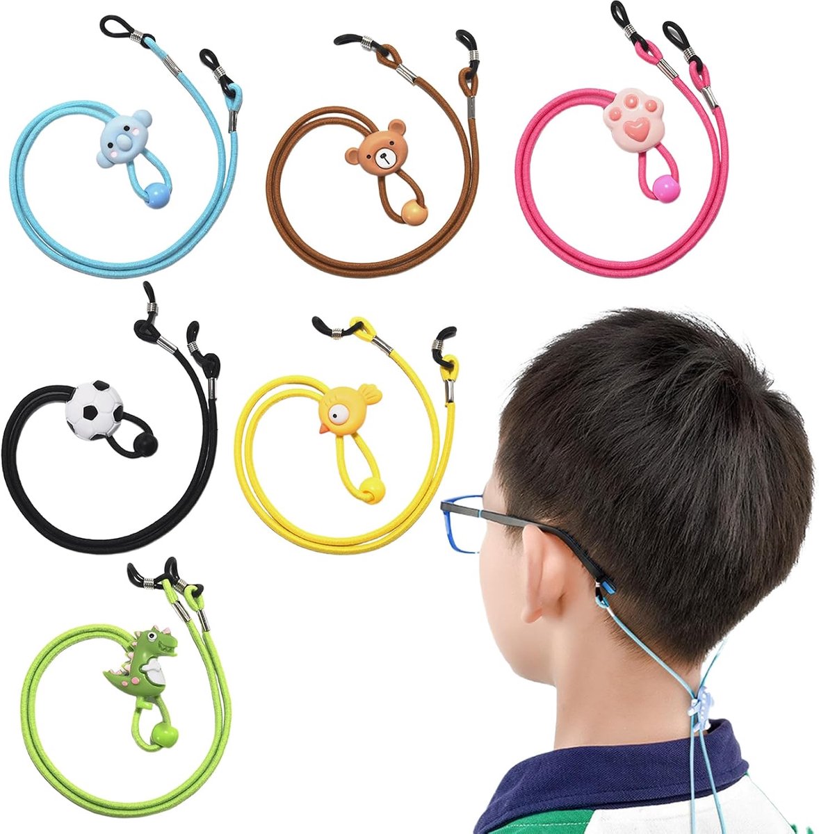 Thijox - Set van 6 Verstelbare Brilbanden voor Kinderen met Schattige Cartoonmotieven, Antislip Brilkoorden voor Sport, Zonnebrillen en Maskers, Elast