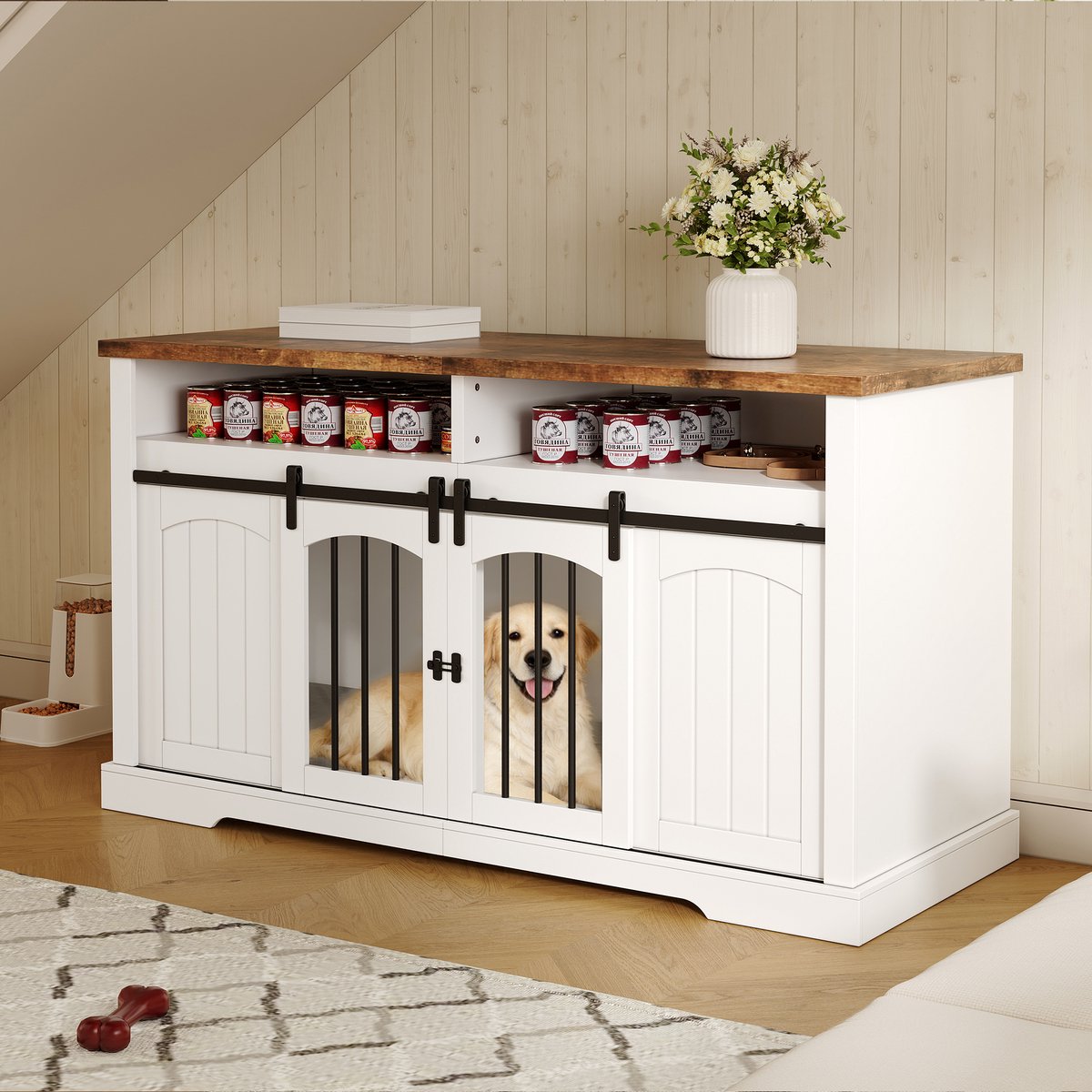 MIVRAY Hondenbench – 153 x 60 x 85 cm – Met Schuifdeur En Uitneembare Scheidingswand – Hout En Metaal – Wit – Voor Binnengebruik