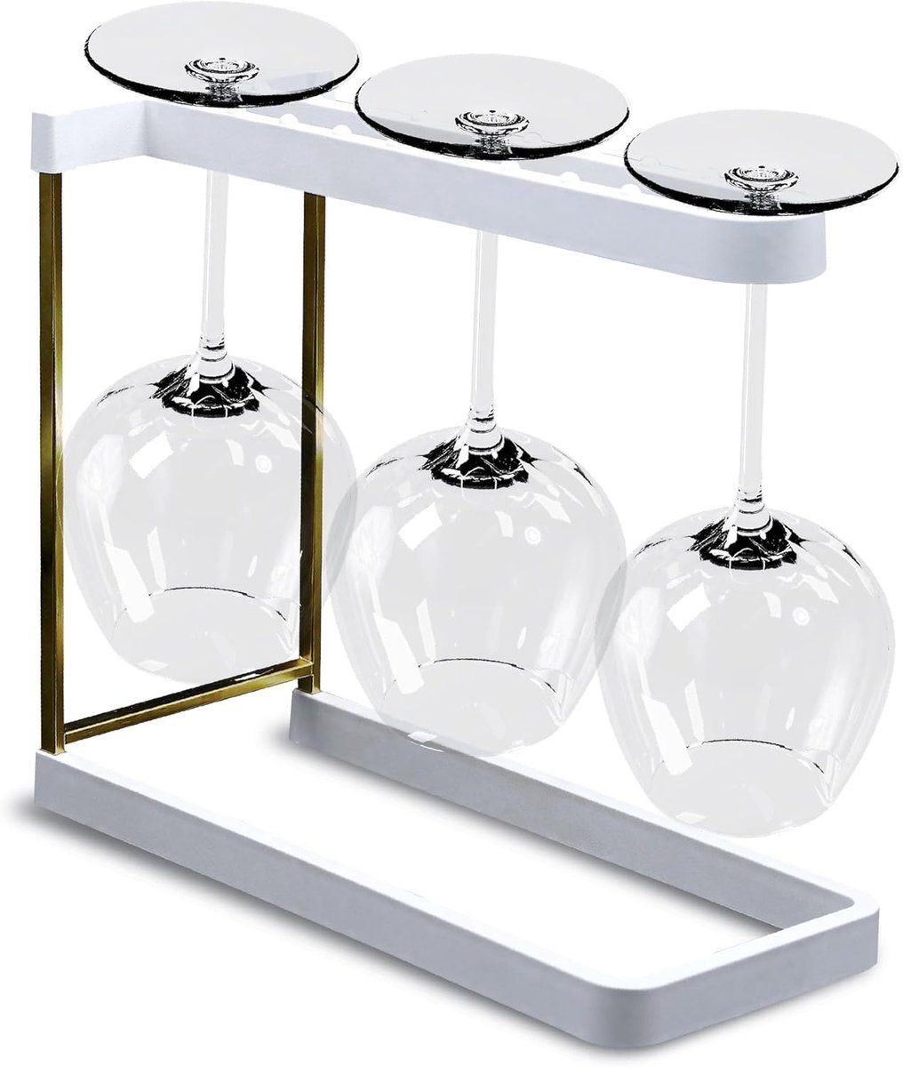 SnelShoppen - Tabletop Wijn Glas Houder voor 3 Glazen - Poeder Coated RVS & Bio-Composiet - Droogrek met Siliconen Coasters - Vaatwasser Bestendig voo