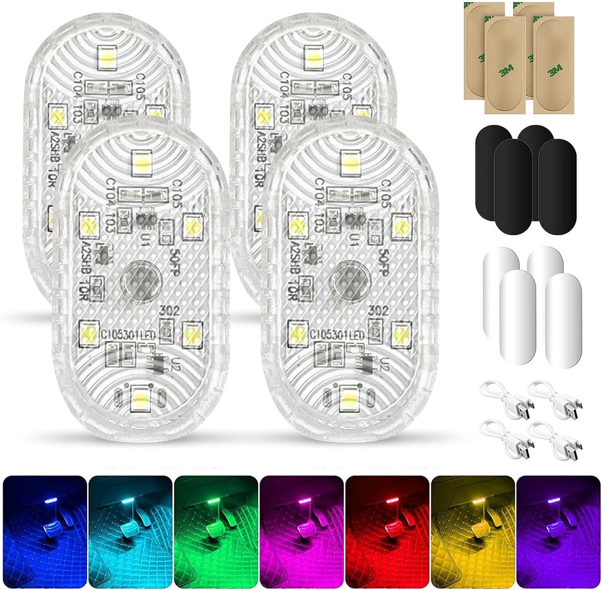 SnelShoppen - Set van 4 Car LED Interieurverlichting, Magnetische USB Touch Lamp, RGB 7 Kleuren, Verstelbare Interieur Sfeerverlichting voor Auto, Opl