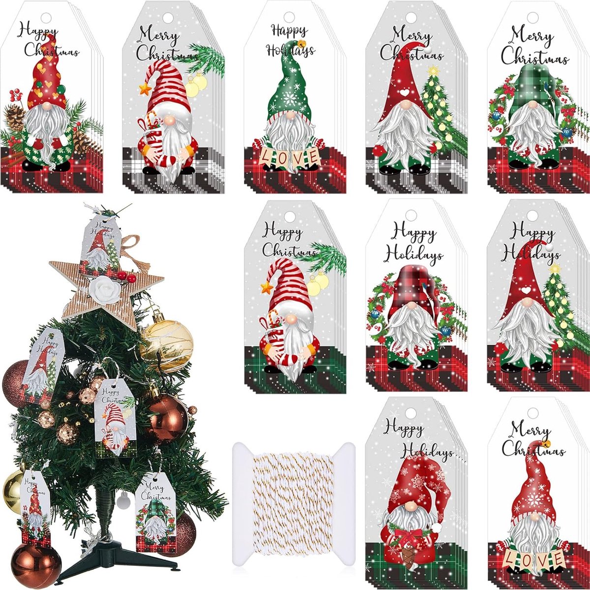 SnelShoppen - 50 Stuks Kerst Gift Tags met Touw - 10 Stijlen Papieren Naamlabels voor Cadeaus - Dwarfs Thema - Perfect voor Kerstmis Versieringen en C